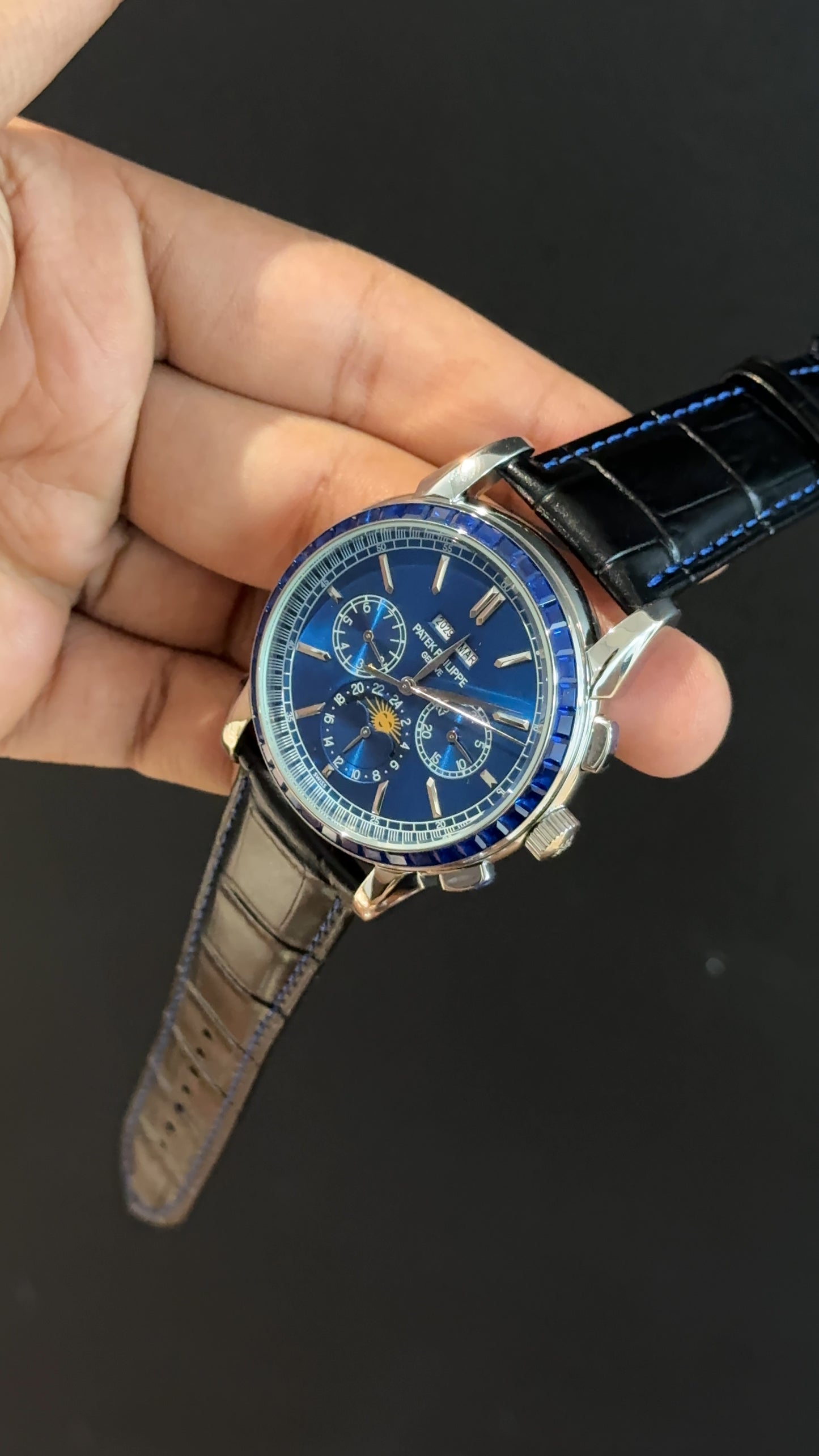 Patek Century | Auto | Silver | Blue Diamond Bezel | Black Leather Strap | Blue Index Dial