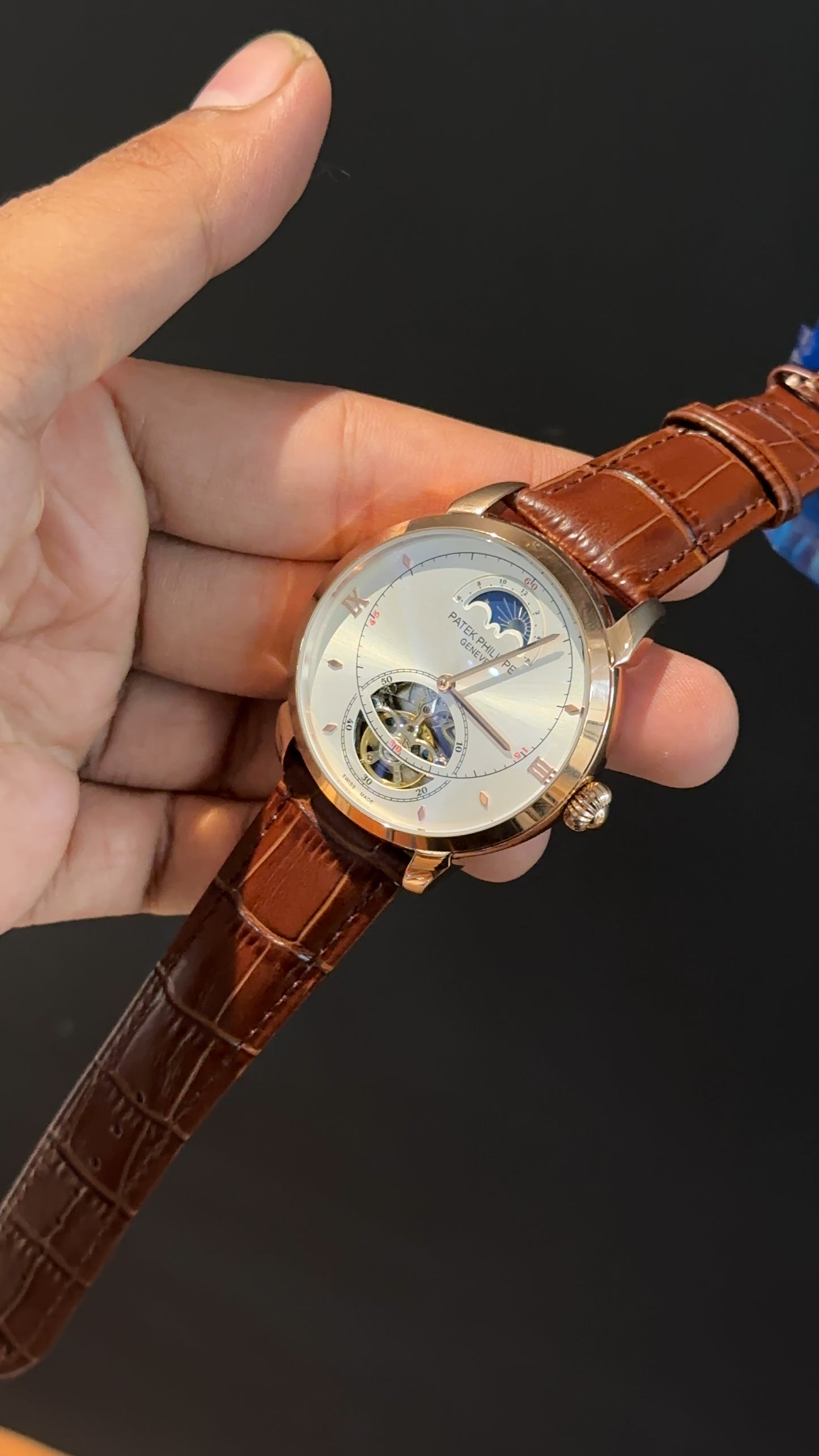 PP Auto | Rose | Pendulum | MoonPhase | Brown Leather Strap | White Circle Plain Dial