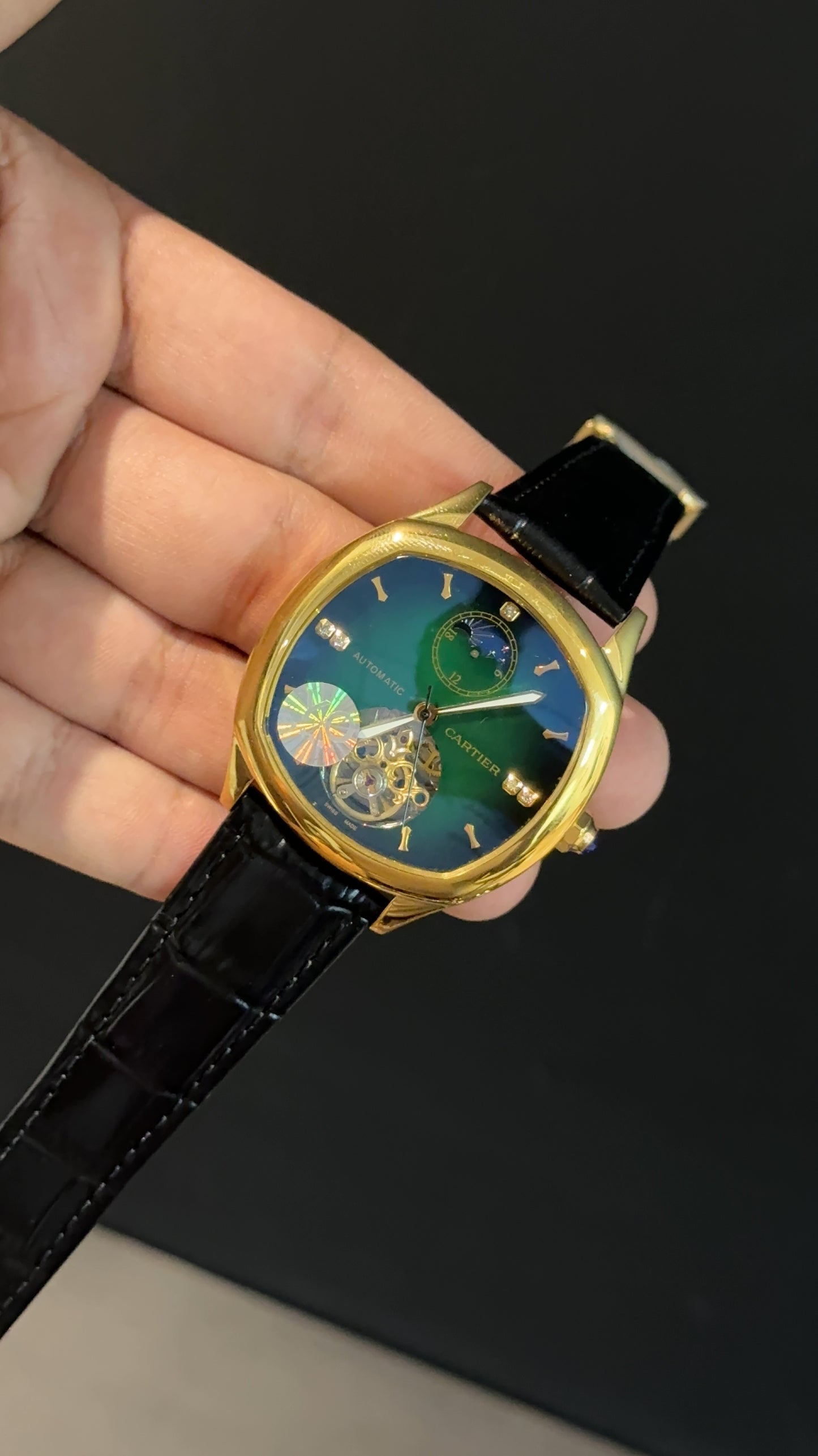 Cartier | Gold Square Bezel | Pendulum | Moonphase | Black Strap | Shady Green Blue Dial