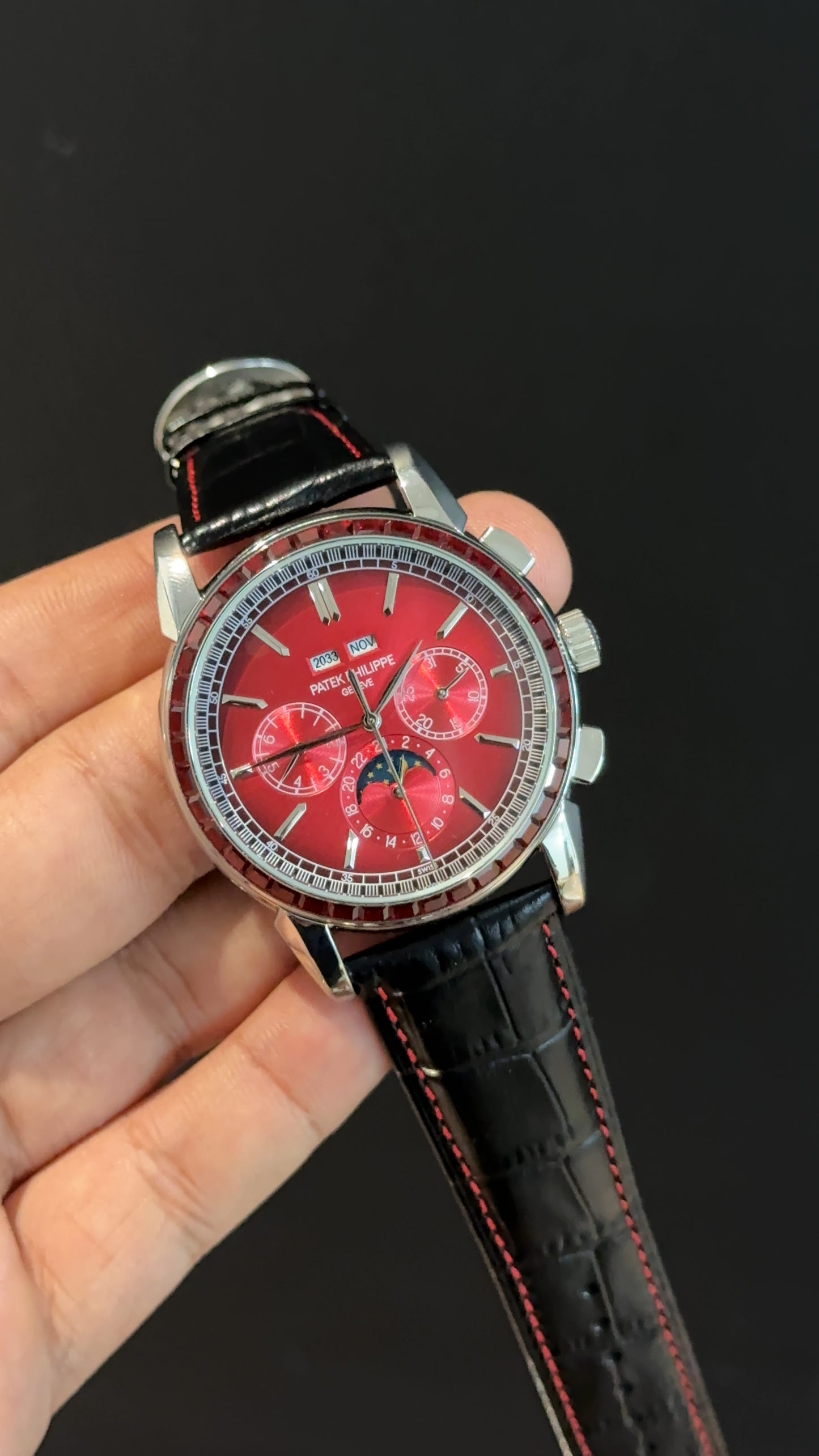 Patek Century | Auto | Silver | Red Diamond Bezel | Black Leather Strap | Red Index Dial