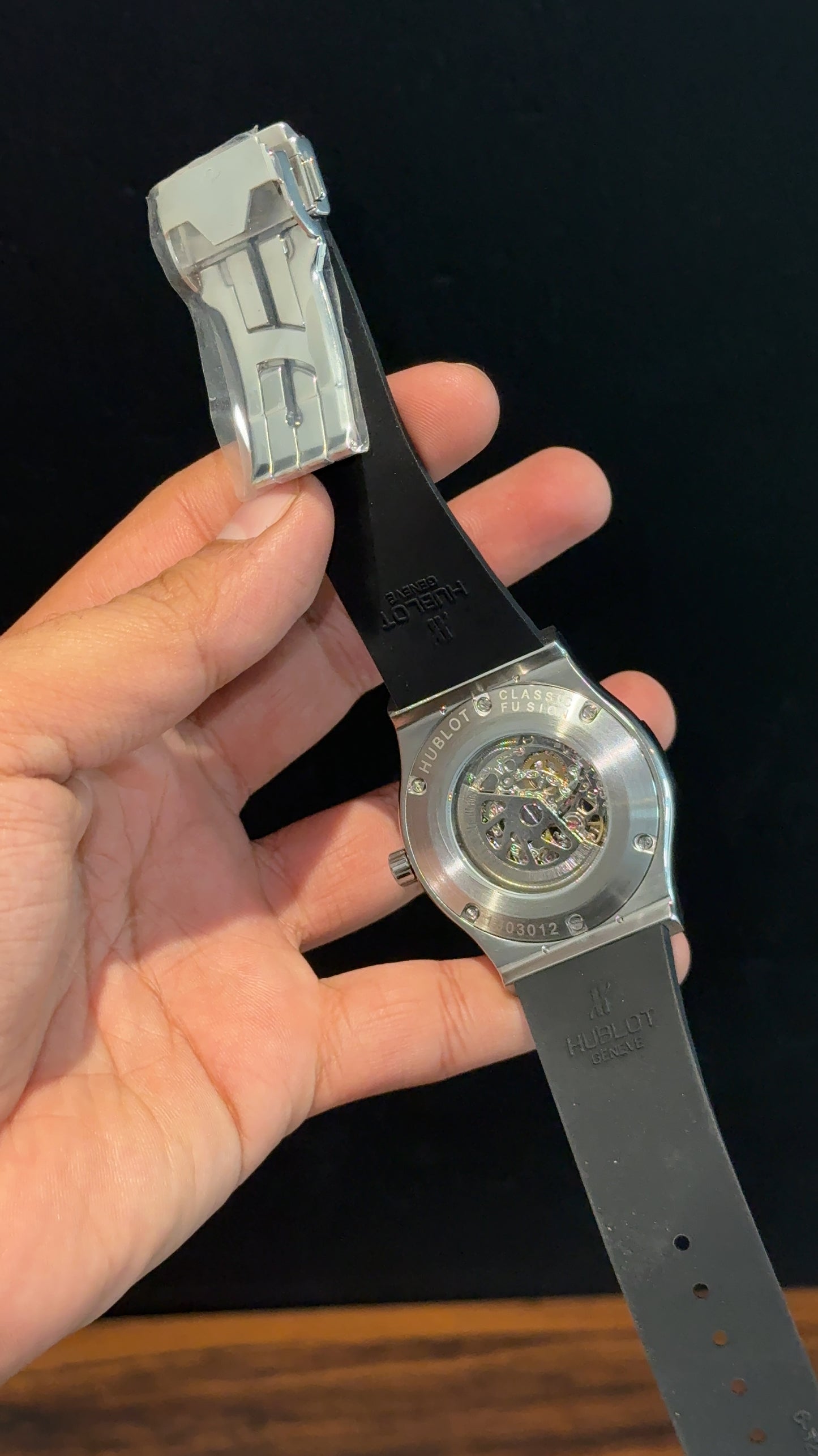 Hublot Auto | Diamond Case | Black Strap | Skeleton | Black Dial