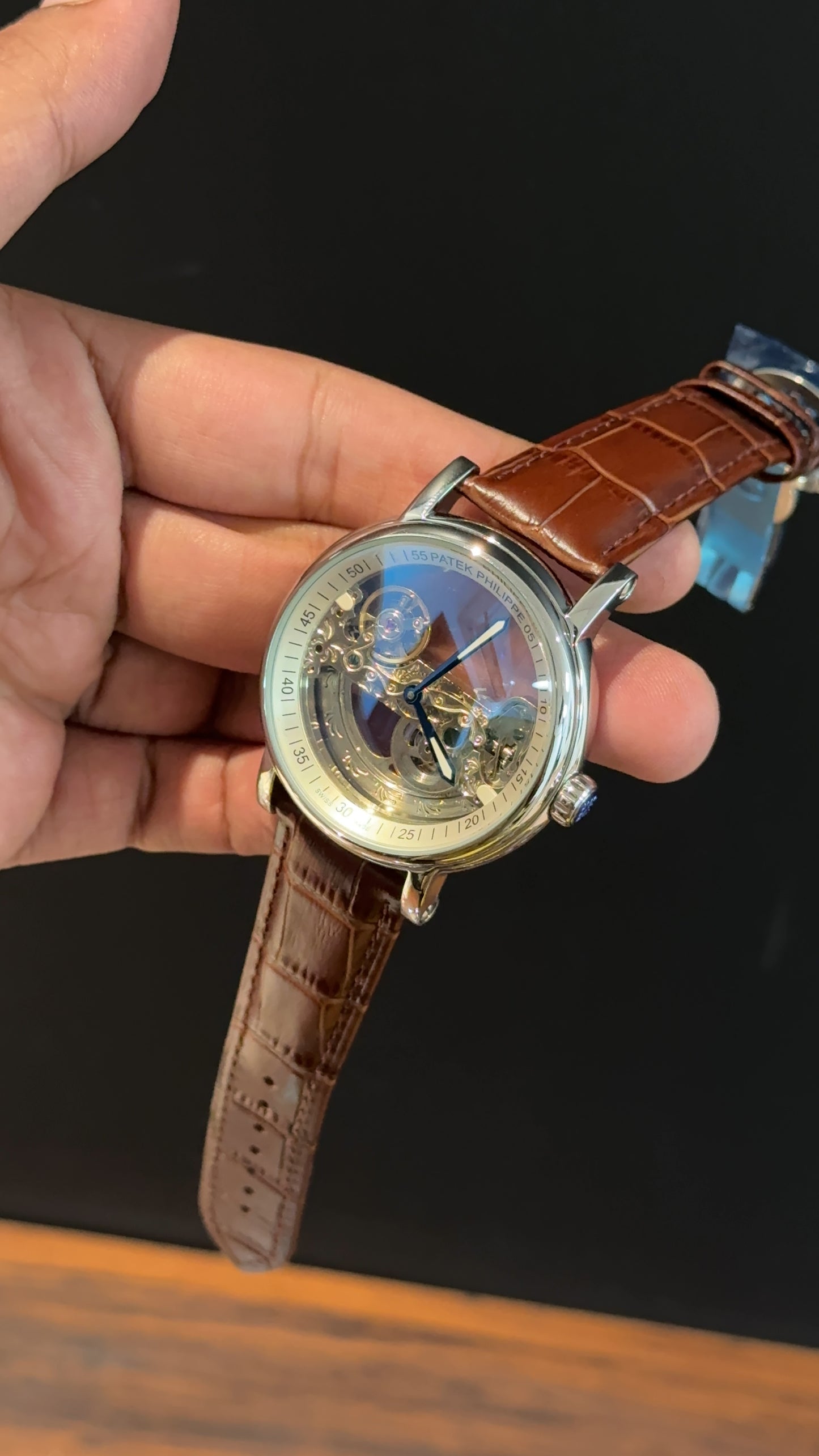 Pp Auto | Skeleton | Transparent Gold Machine | Brown leather strap