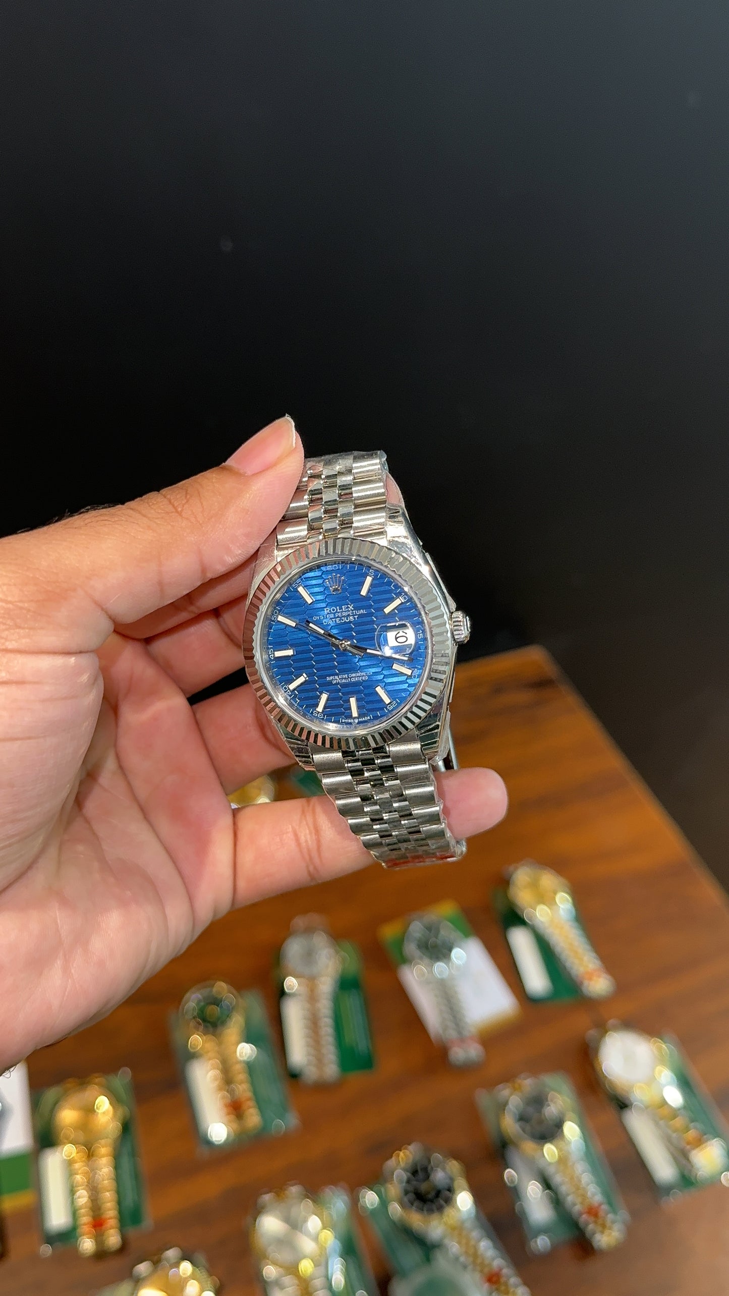 Premium Datejust | 40mm | Silver Chain | Blue Textured Dial