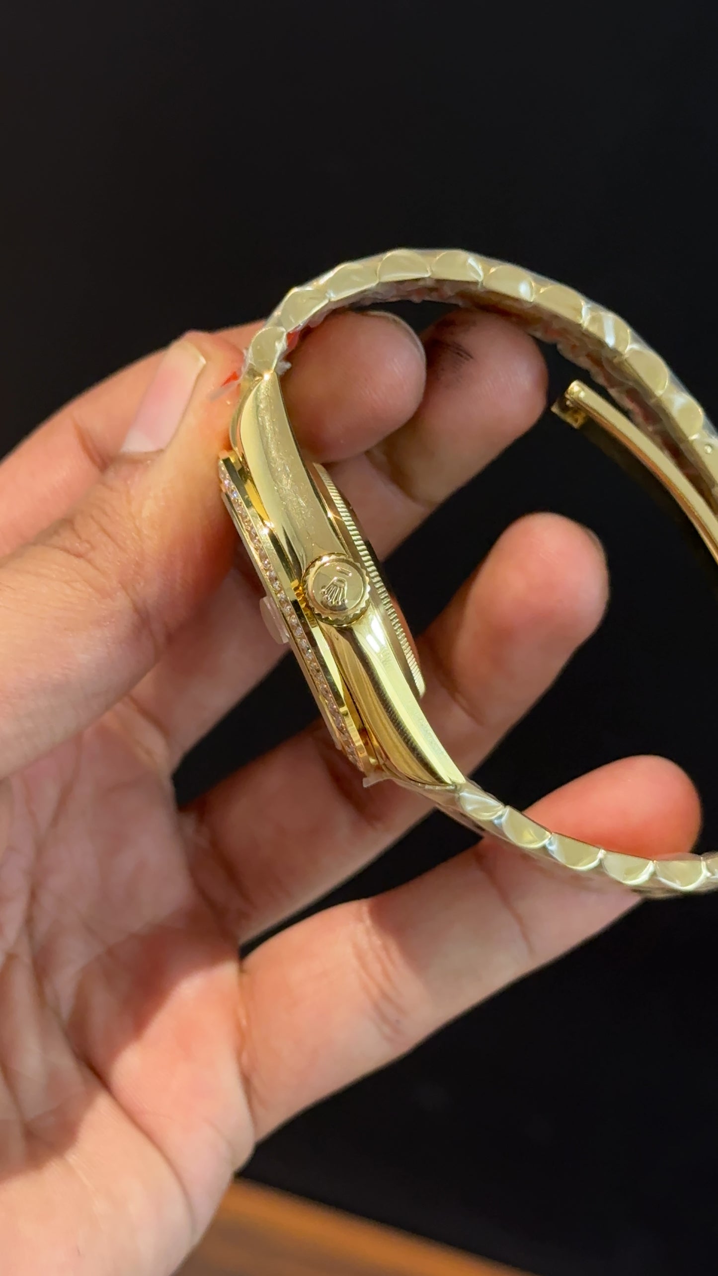 Daydate | Diamond Bezel | Gold Chain | Shady Orange Yellow Dial