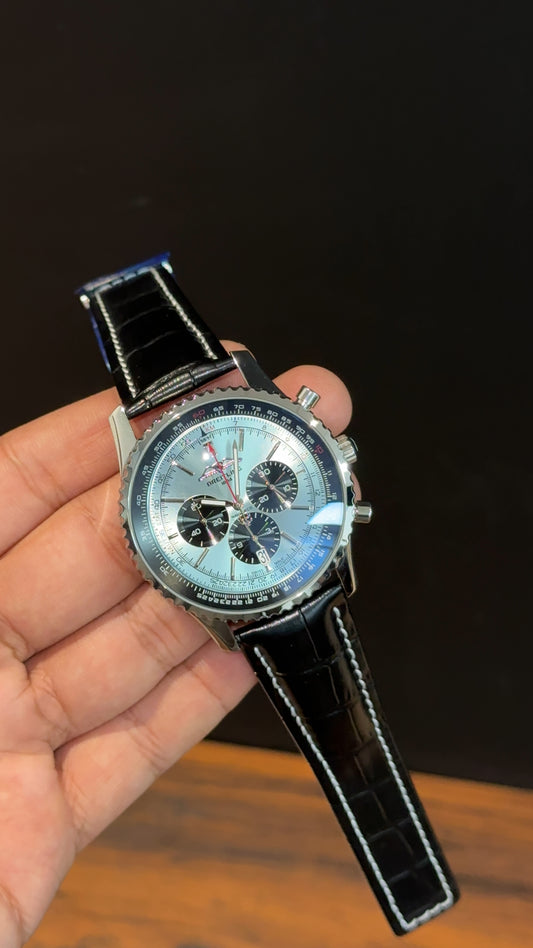 Brietling | Black Leather Strap | Black Chrono | Sky Blue  Dial