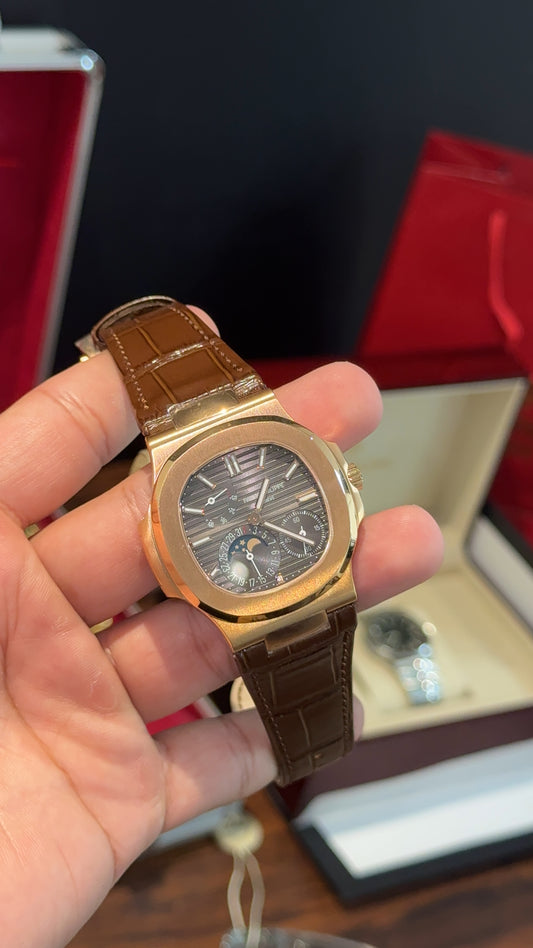 Premium Patek | Rose Case | Brown  Leather Strap | Chrono |  Grey Dial