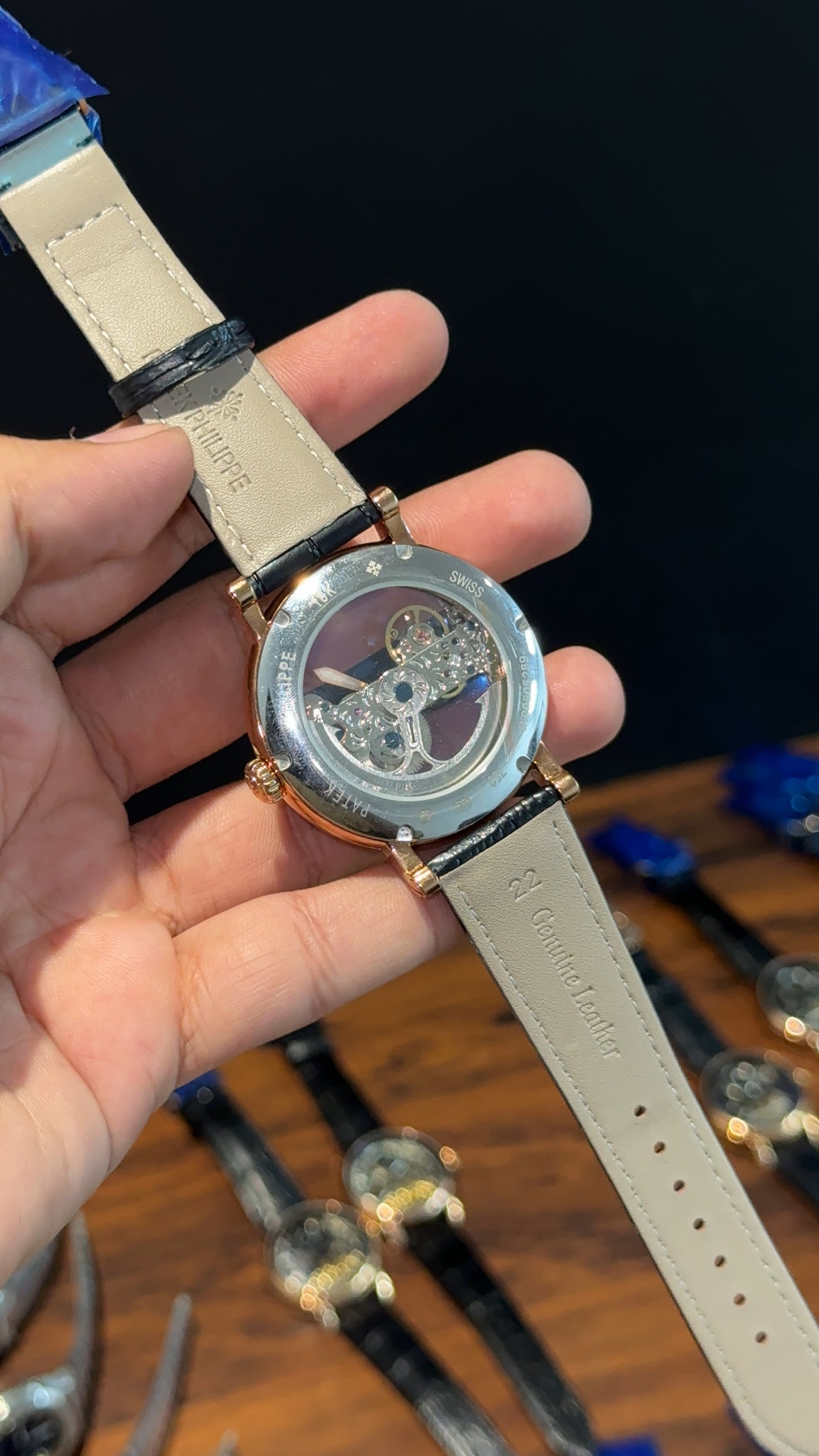 Patek Rose | Black Leather Strap | Grey Machine | Transparent Dial