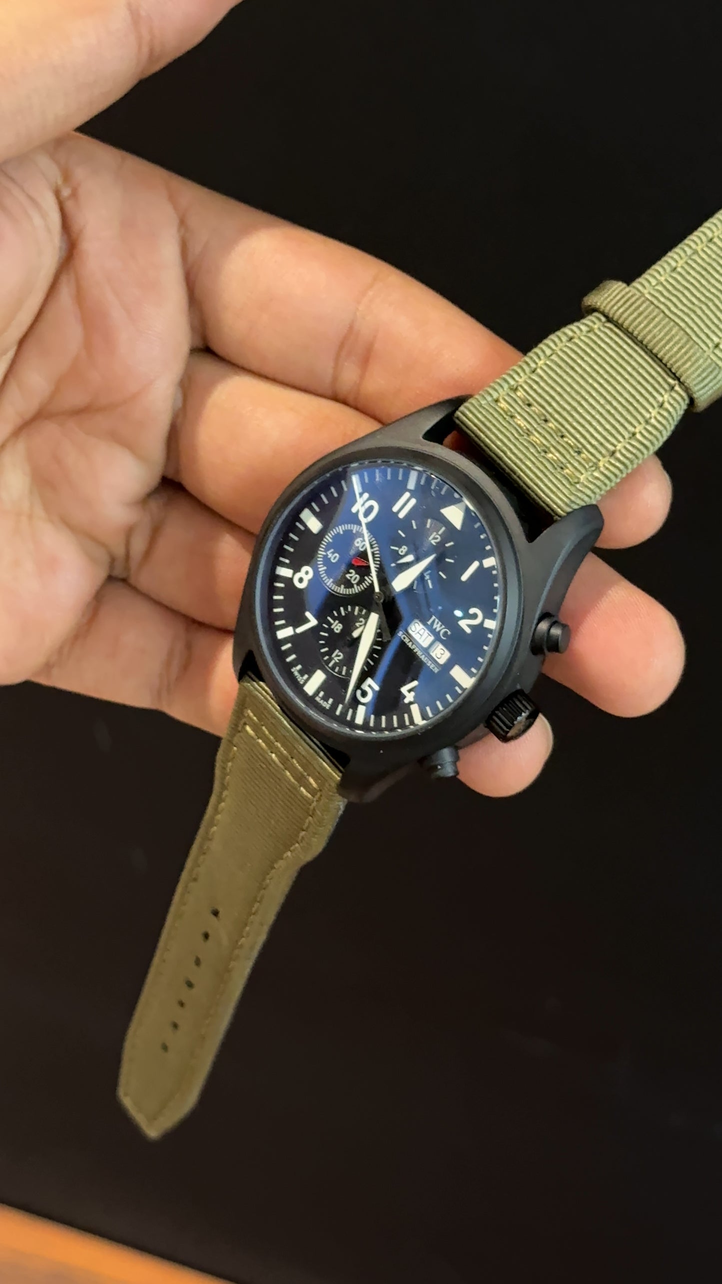 IWC | Olive Green Fabric Strap | Black Case | Chrono | Black Dial