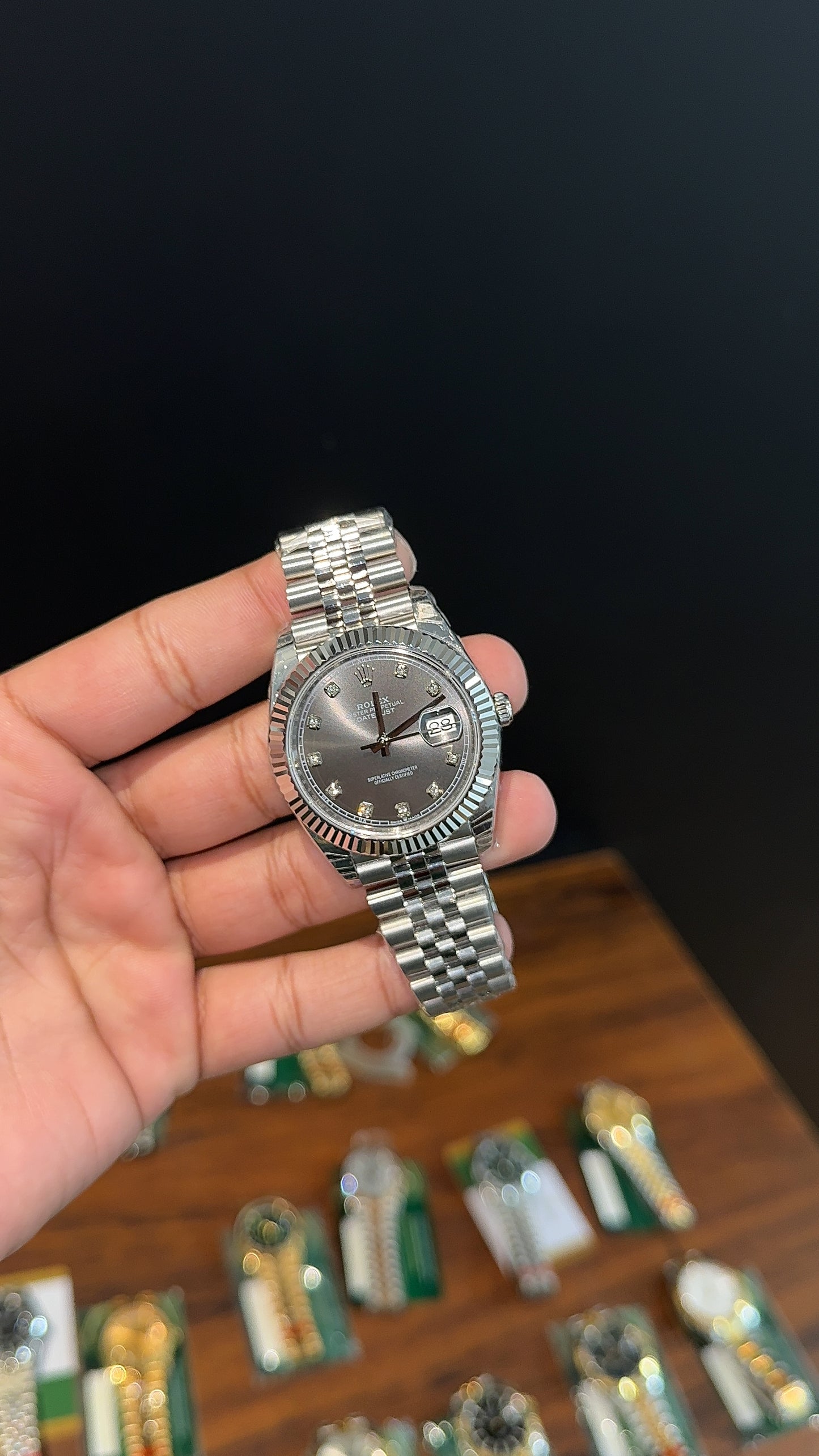 Premium Datejust | 40mm | Silver Chain | Grey Diamond Dial