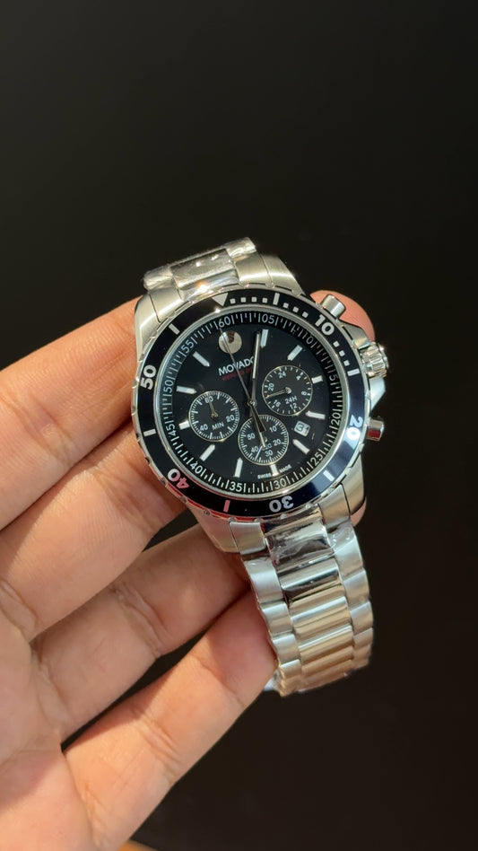 Movado | Silver Chain | Black Bezel | Chrono | Black Dial