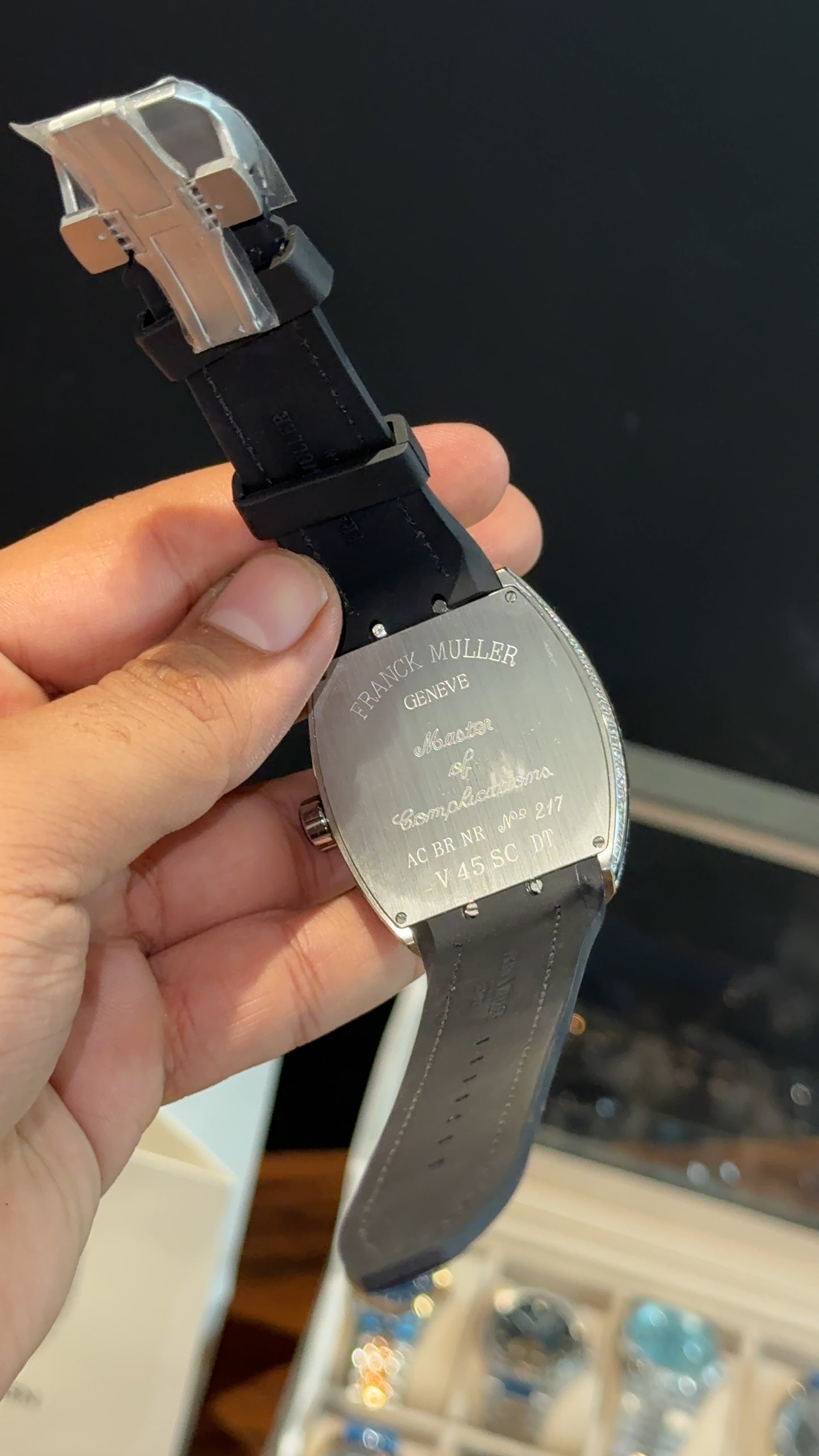 Premium Franck Muller | Vanguard V45 Edition | Yachting Silver Diamond Case | Black Leather Strap | Black Dial