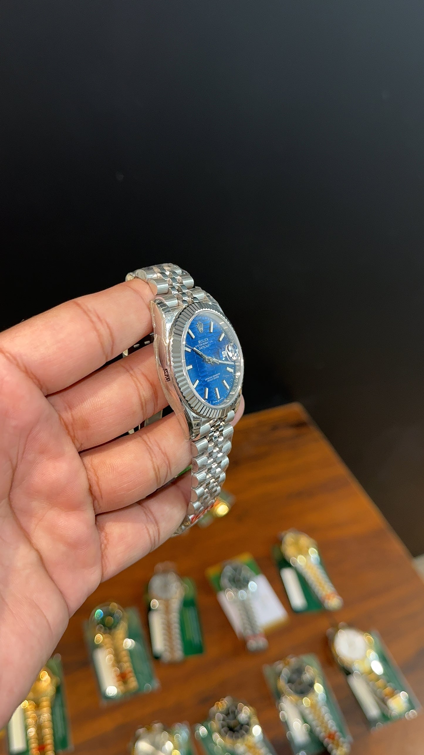 Premium Datejust | 40mm | Silver Chain | Blue Textured Dial