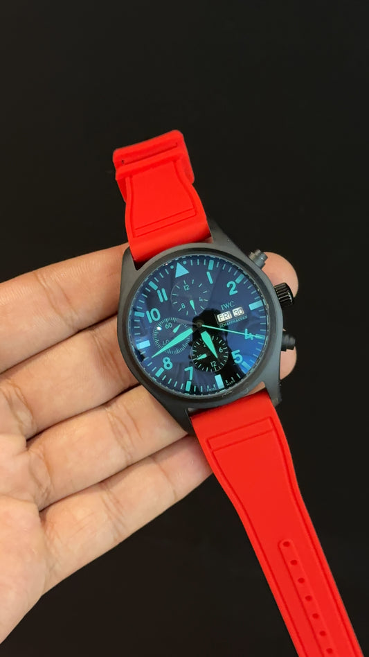 IWC | Red Rubber Strap | Black Case | Chrono | Sky Blue Digits Needle | Black Dial