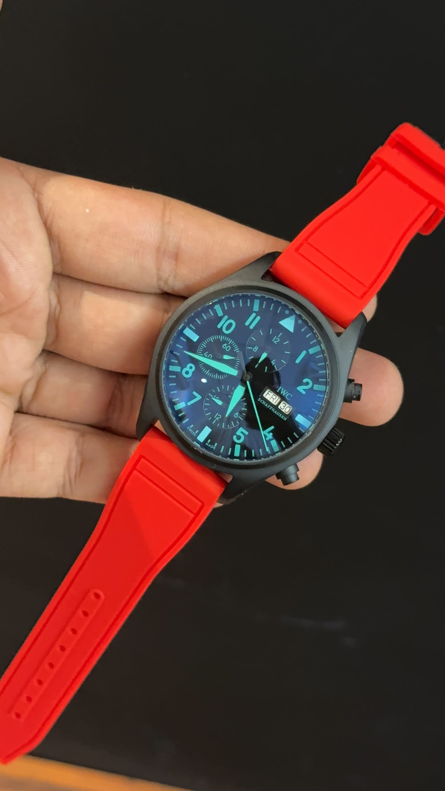 IWC | Red Rubber Strap | Black Case | Chrono | Sky Blue Digits Needle | Black Dial