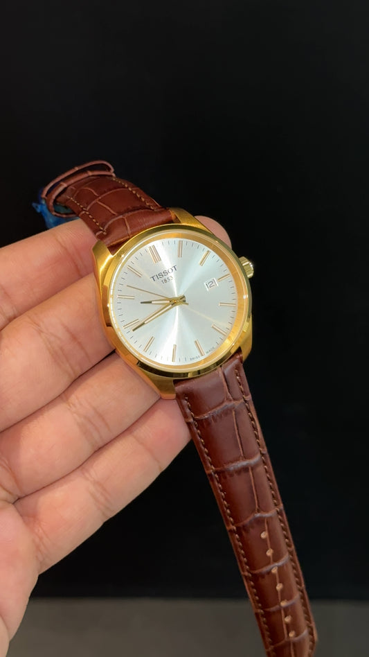 Tissot Gold | Brown Leather Strap | White Gold Plain Dial