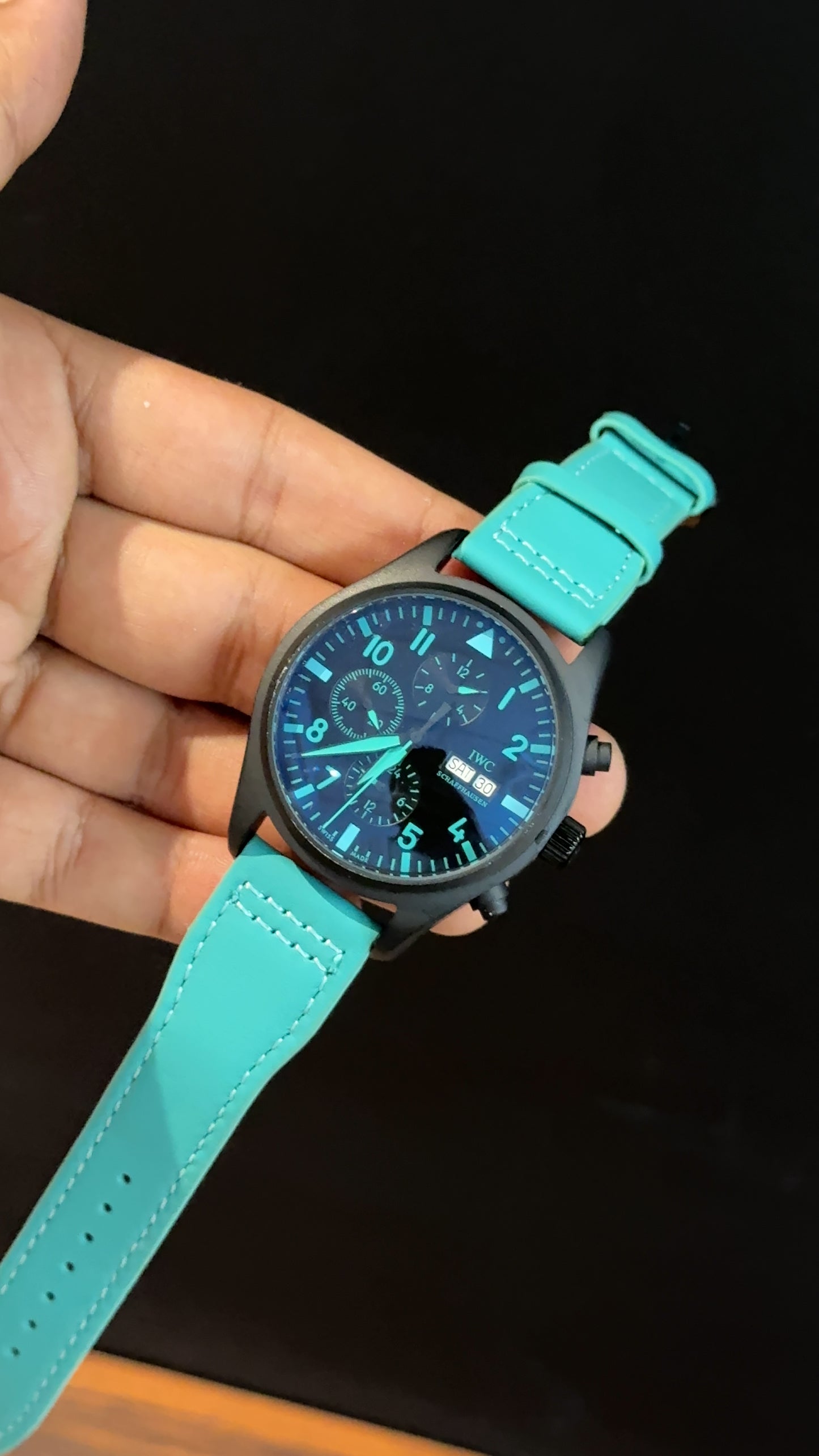 IWC | Tiffany Leather Strap | Black Case | Chrono | Tiffany Digits Needle | Black Dial