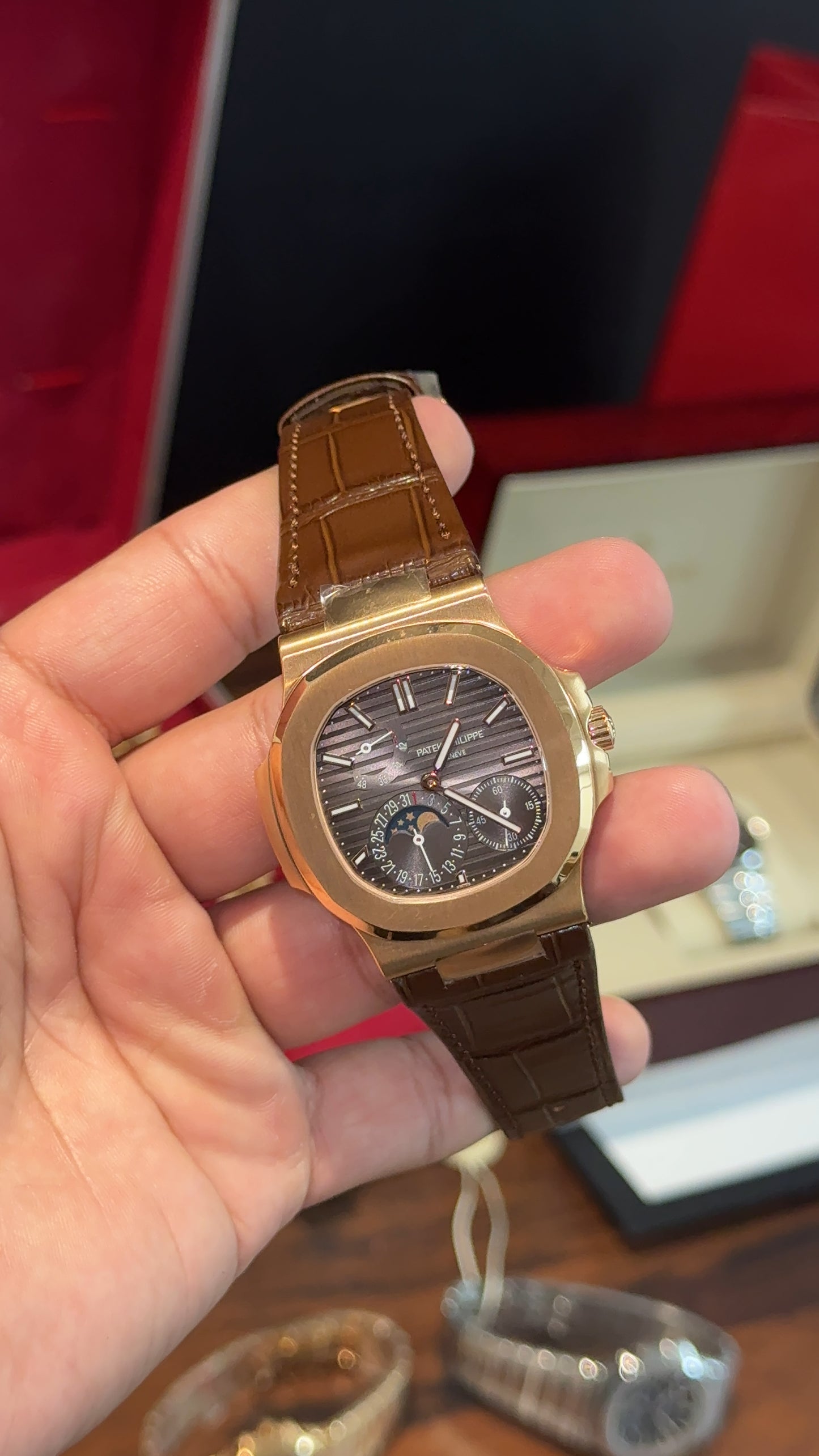 Premium Patek | Rose Case | Brown  Leather Strap | Chrono |  Grey Dial
