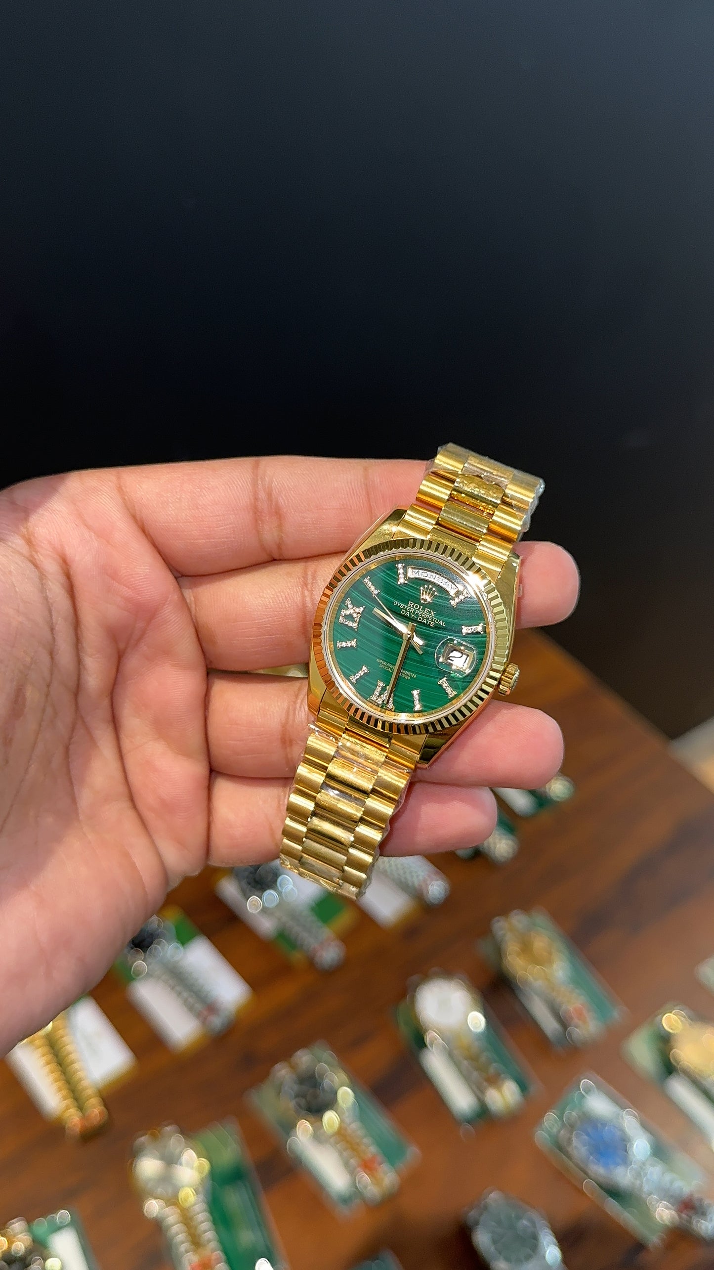 Premium Daydate | 36mm | Gold Chain | Platinum Green Diamond Roman Dial