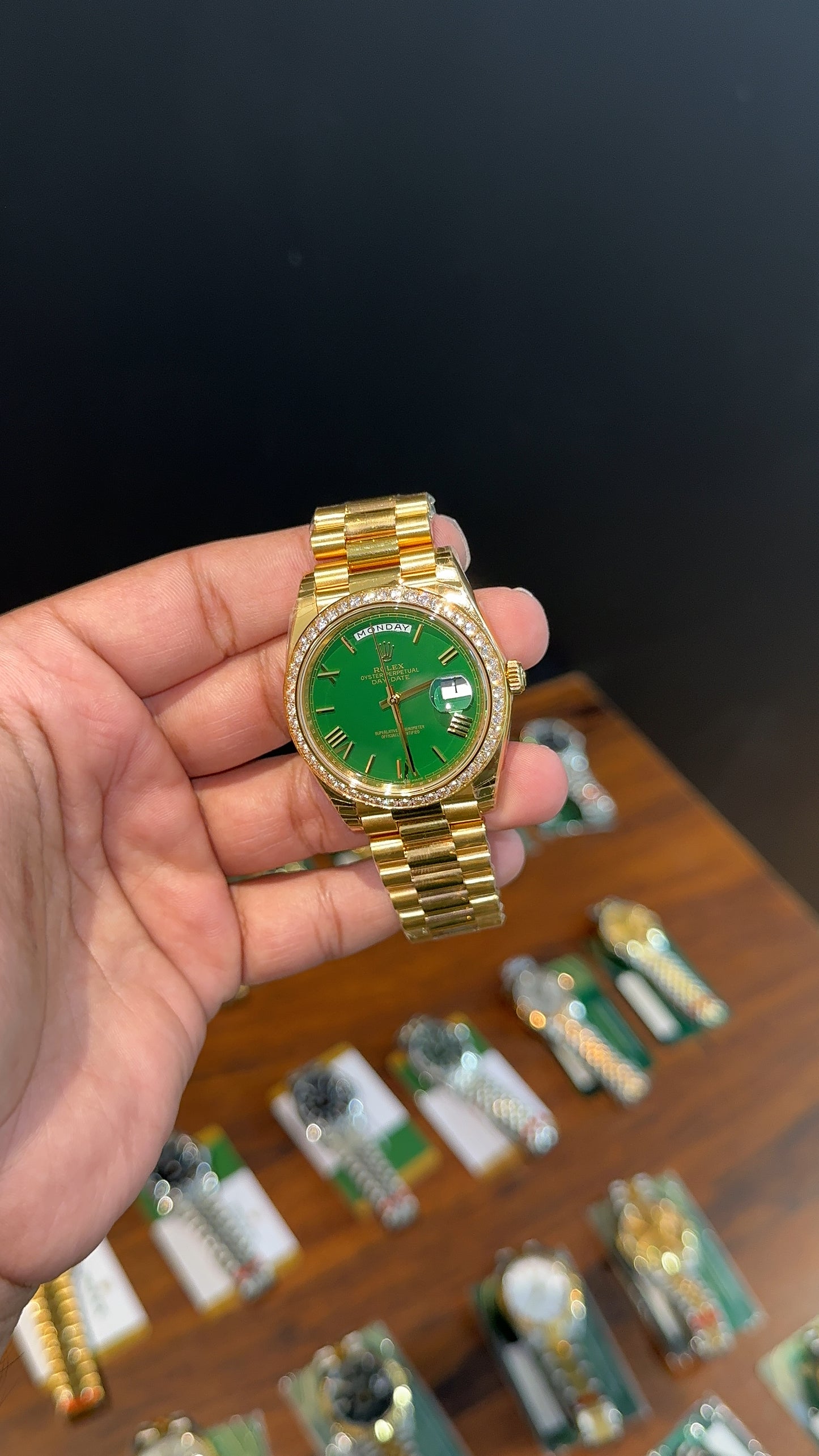 Premium Daydate | 40mm | Diamond Bezel | Gold Chain | Green Dial