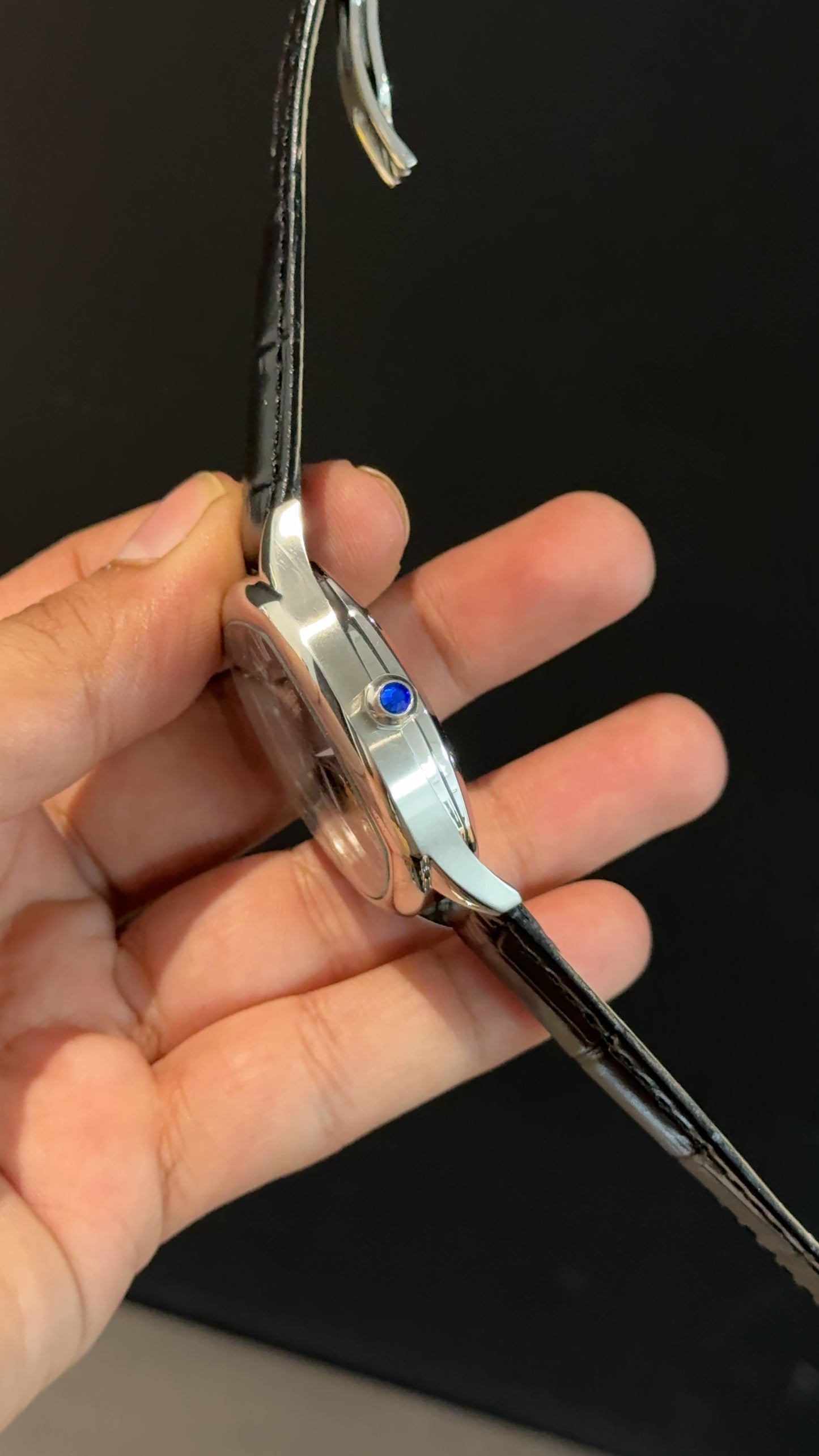 Cartier | Silver Square Bezel | Pendulum | Black Strap | Black Index Dial