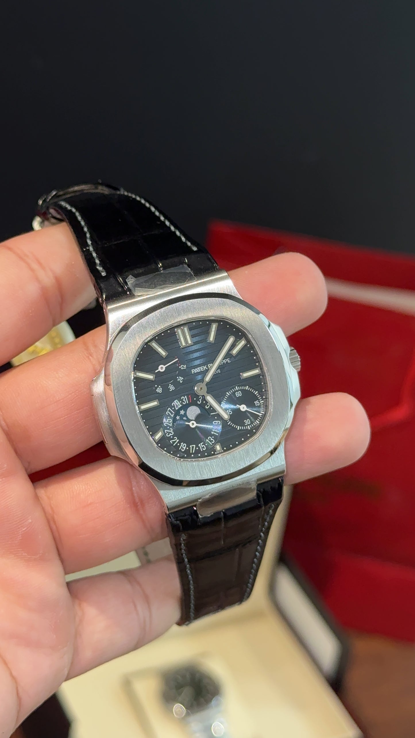 Premium Patek | Black Leather Strap | Chrono | Blue Dial