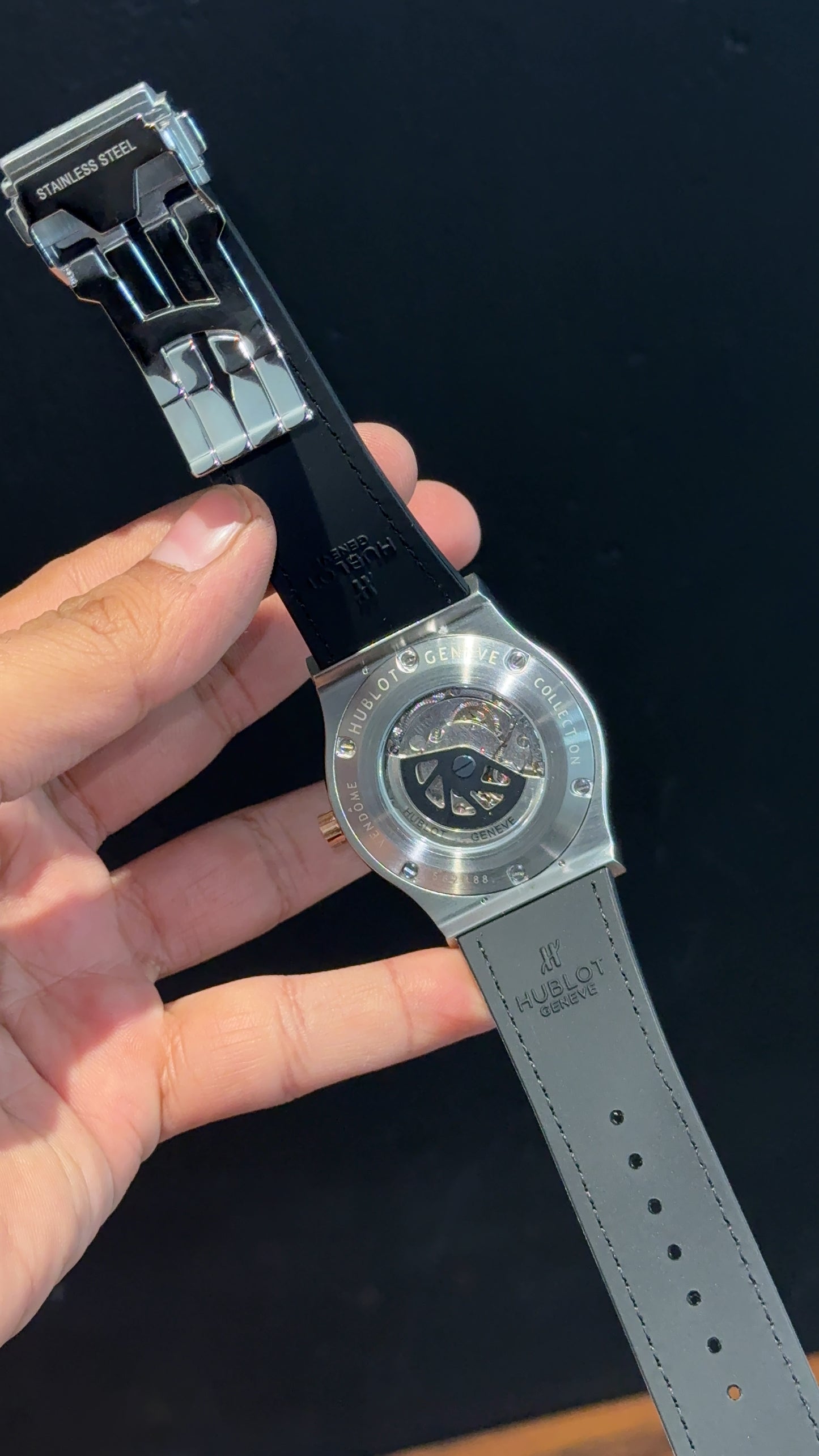 Hublot Auto | Rose Silver Case | Black Leather Strap | Black Dial