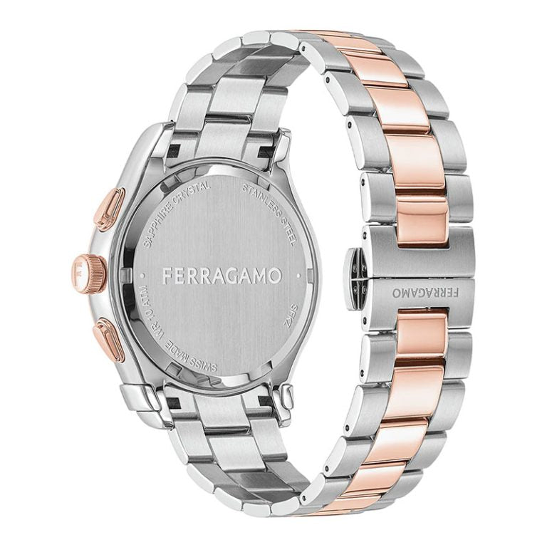 Ferragamo Men’s Swiss Made Quartz Two Tone Stainless Steel Silver Sunray Dial 42mm Watch SFKZ00623