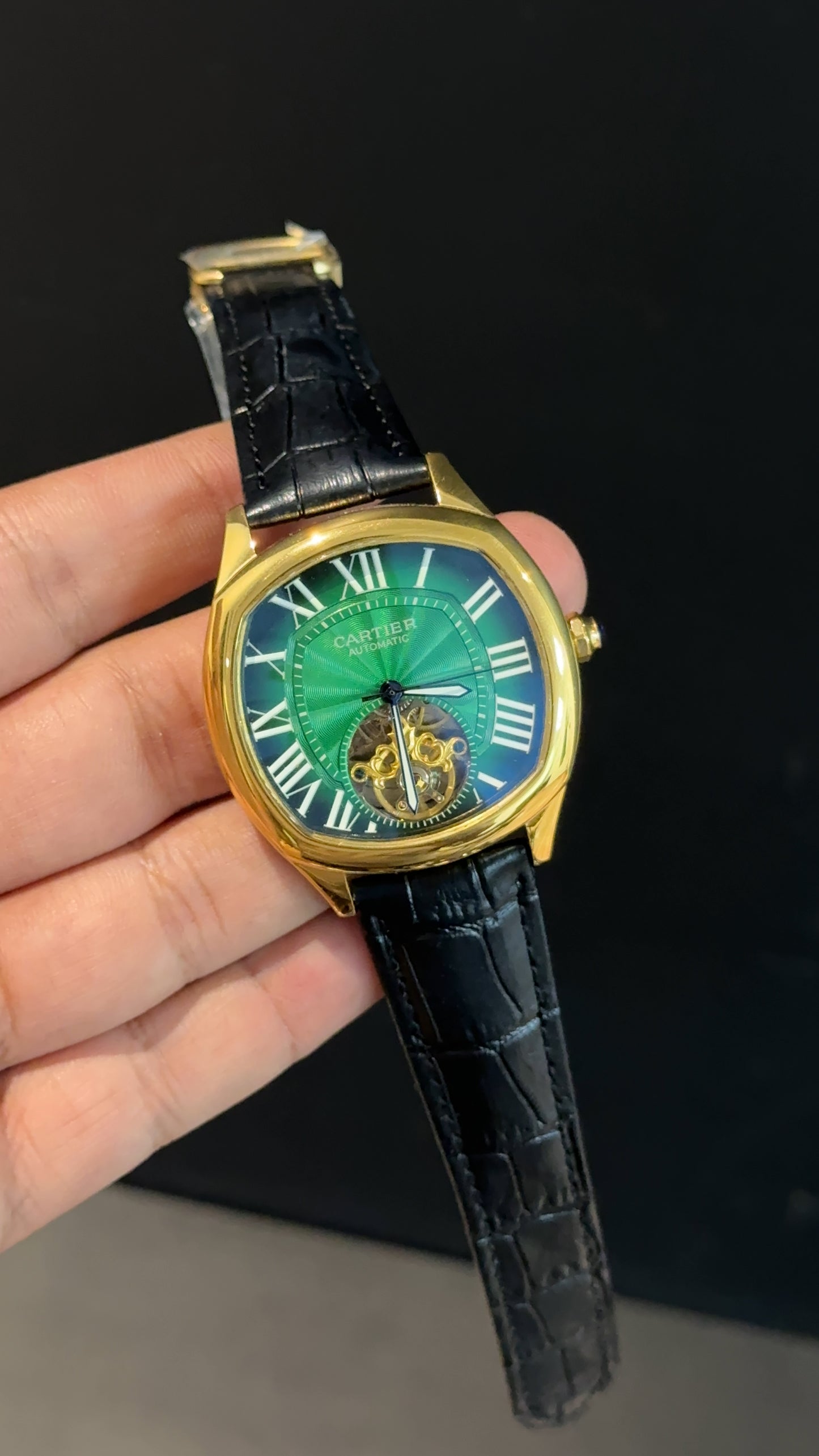 Cartier | Gold Square Bezel | Pendulum | Black Strap | Shady Green Blue Dial