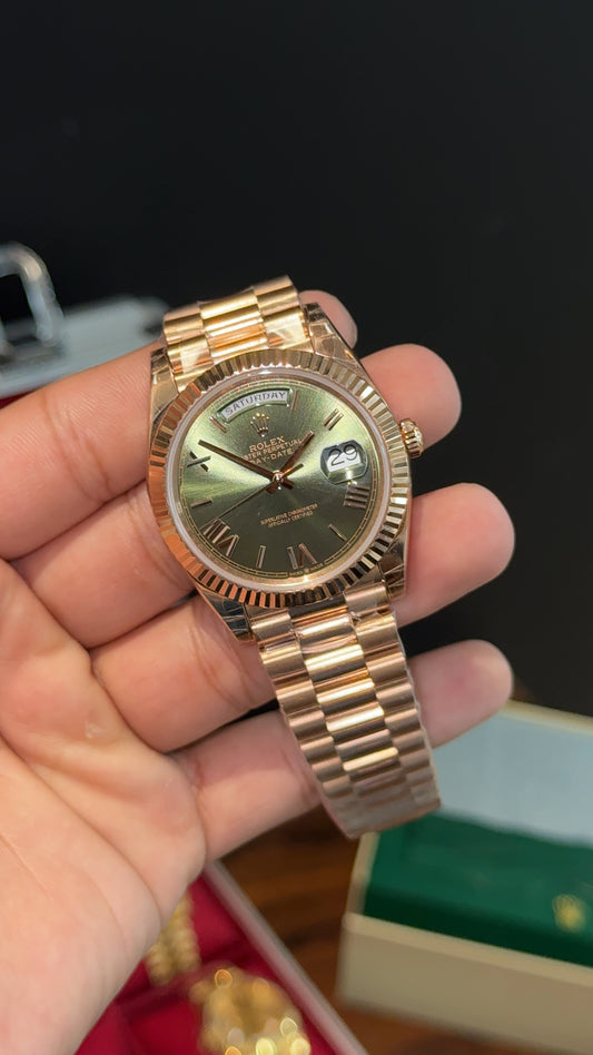 Premium Daydate | 40mm | Rose Chain | Olive Green Dial