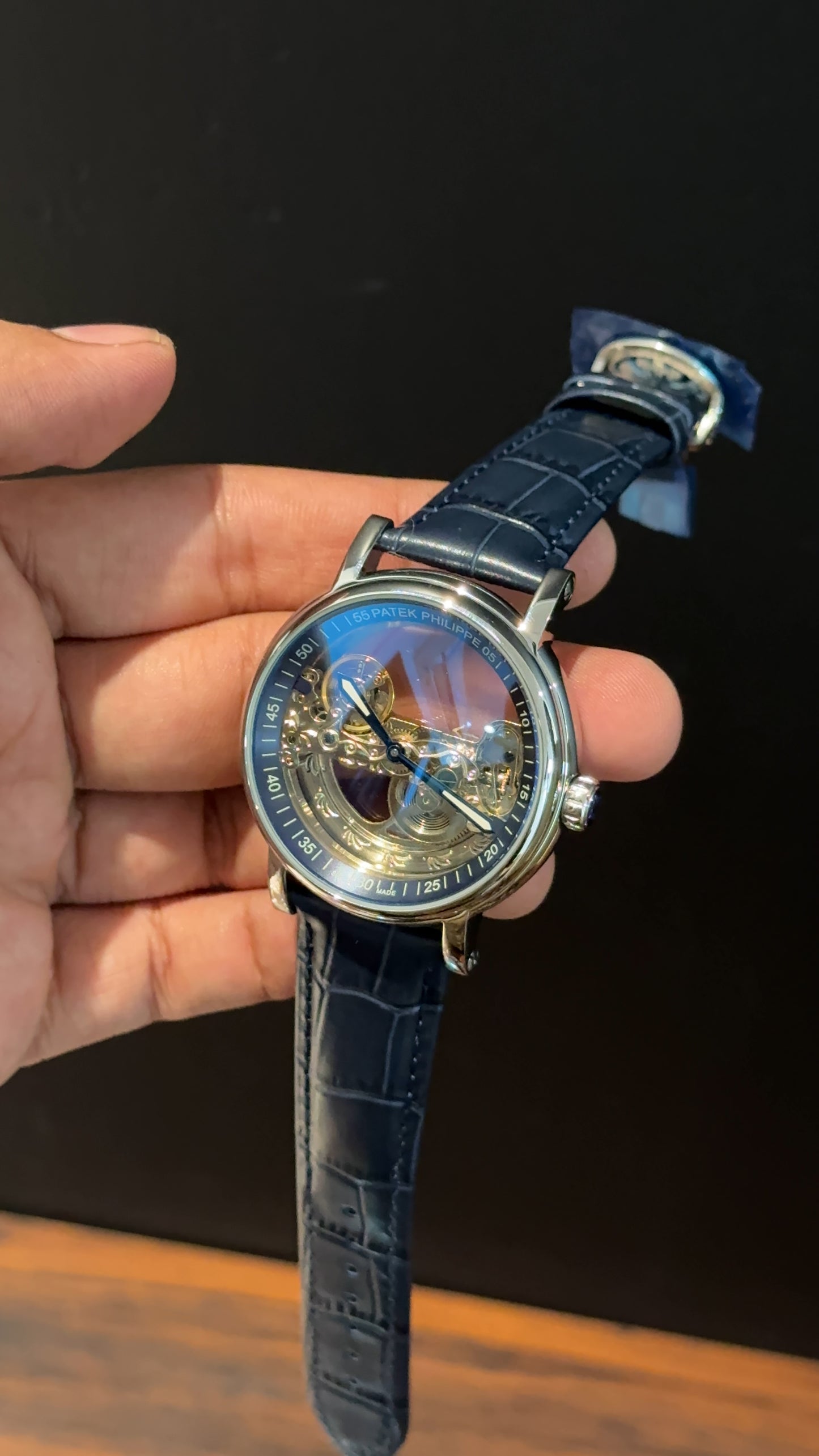Pp Auto | Gold Skeleton Machine | Blue leather strap | Transparent Gold Dial