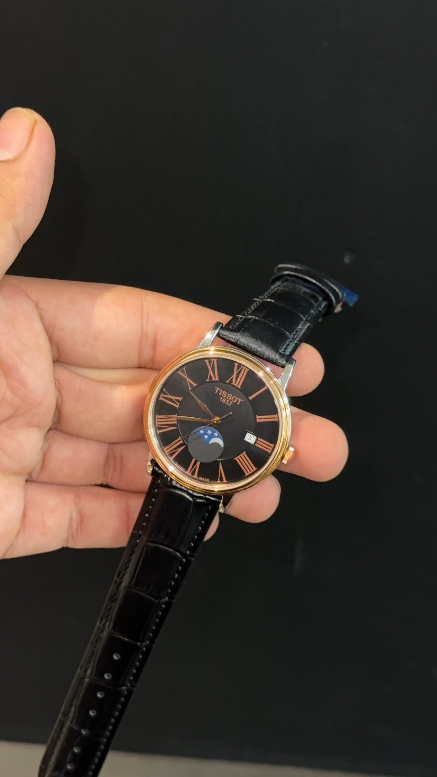 Tissot Rose | Moonphase | Black Leather Strap | Rose Digit Black Dial