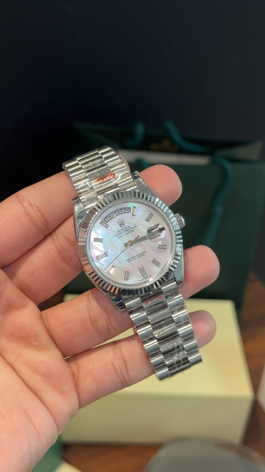 Premium Daydate | 40mm | Silver Chain | Rainbow Shade White Dial