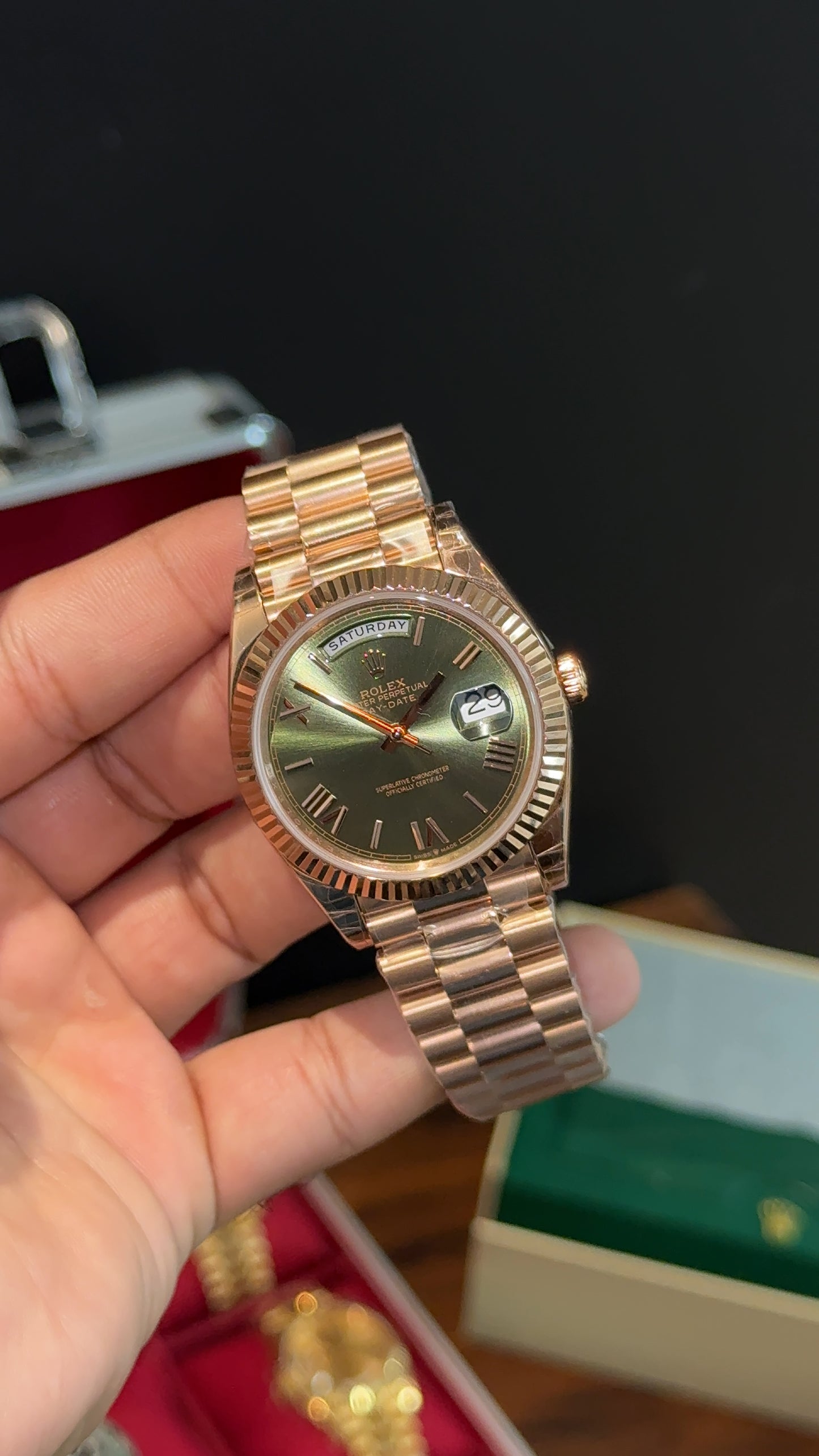Premium Daydate | 40mm | Rose Chain | Olive Green Dial