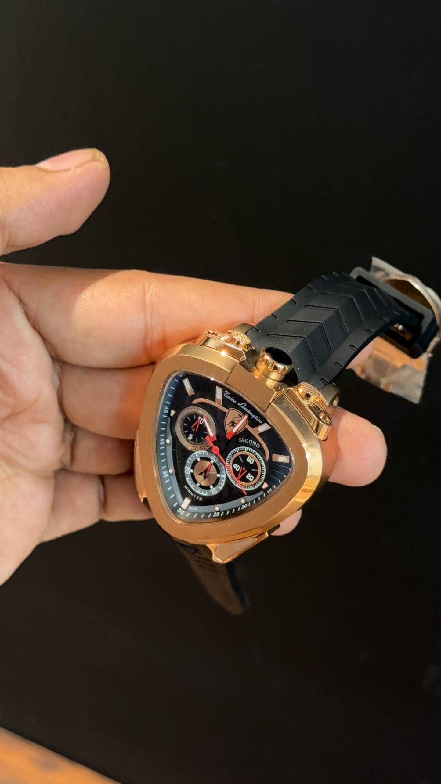 Lamborghini | Rose Bezel | Chrono | Black Strap | Black Triangle Shape Dial