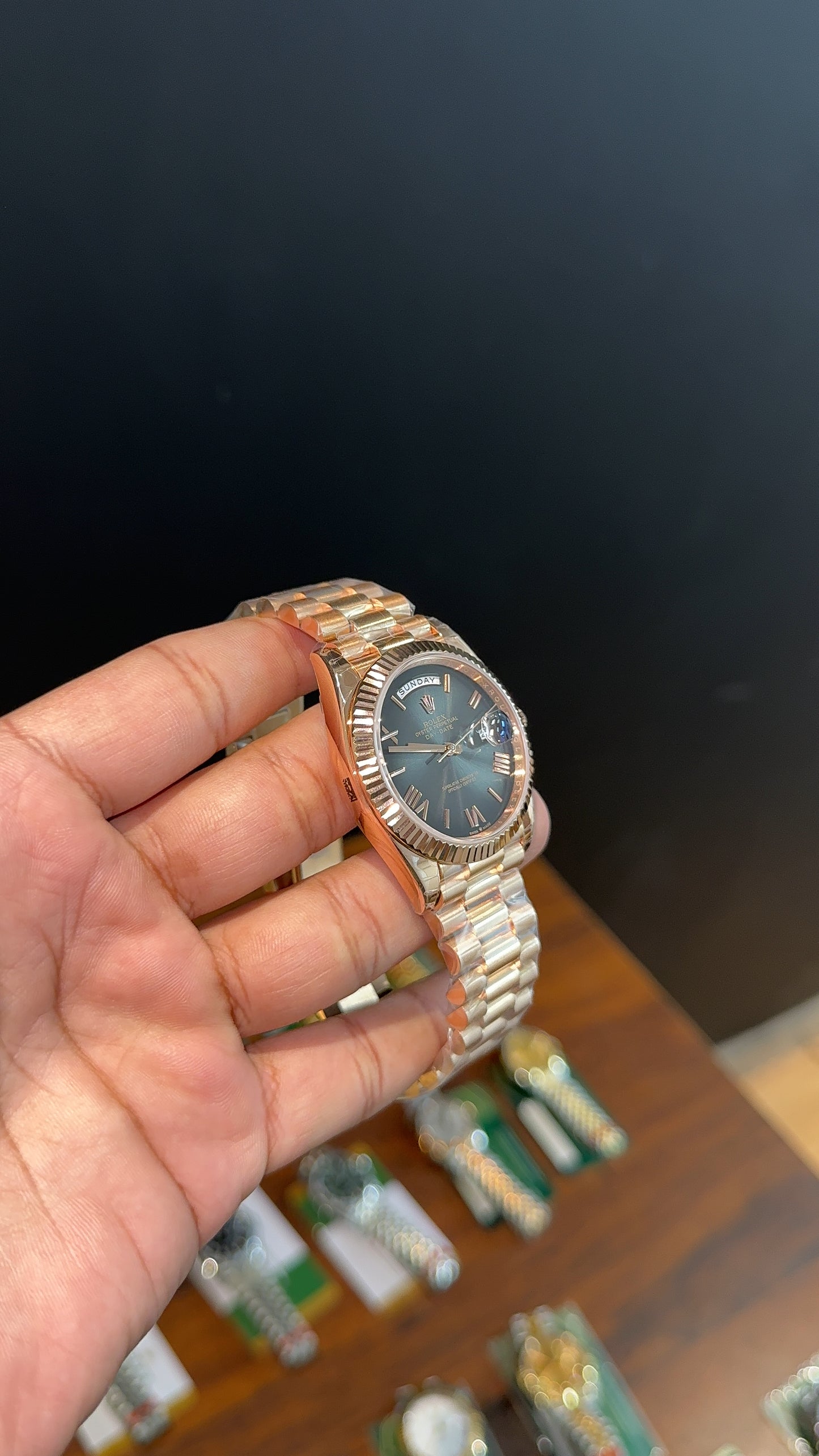 Premium Daydate | 40mm | Rose Chain | New Smoked Black Dial