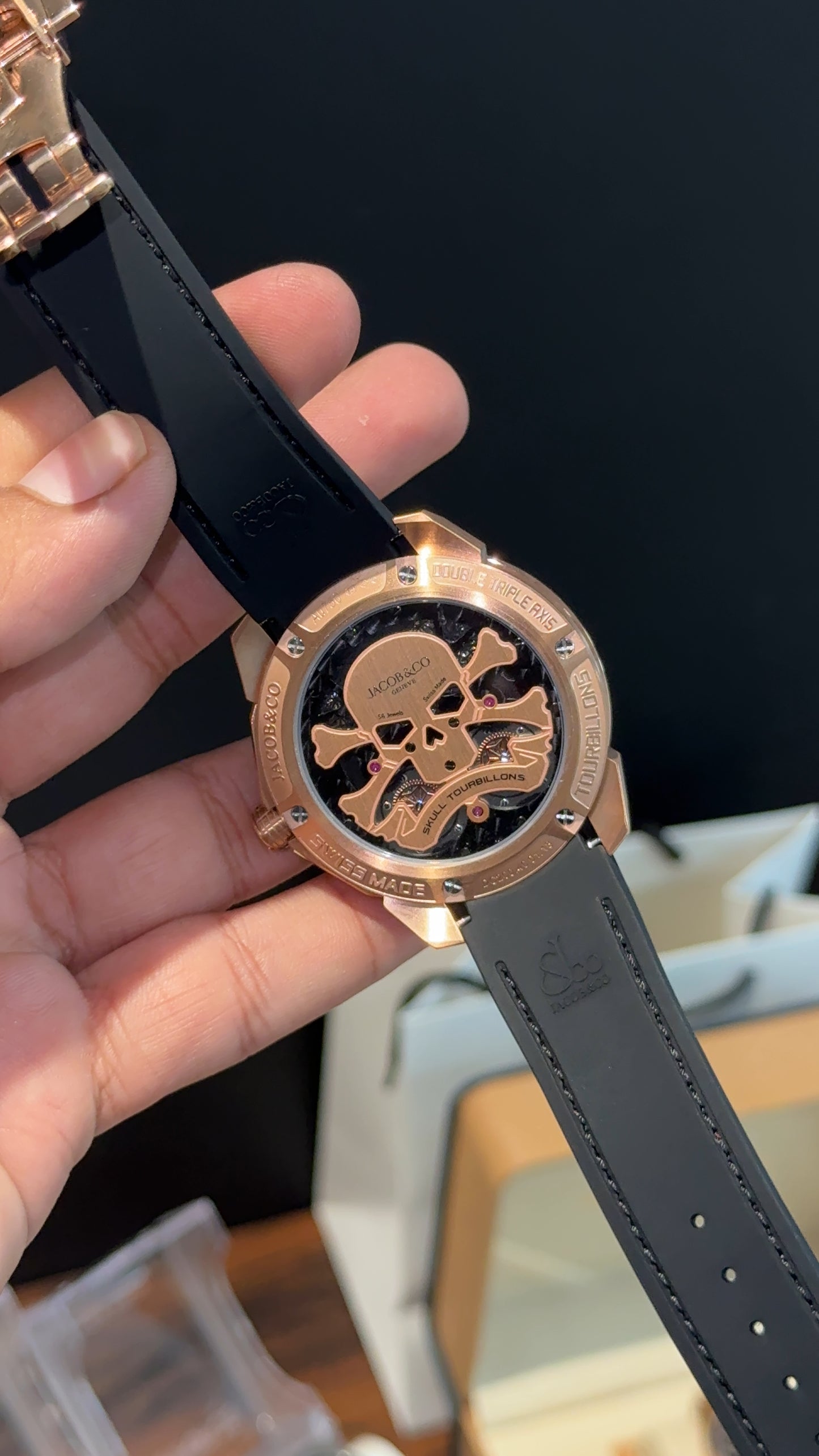 Executive Jacob and Co | Rose Pearl Bezel | Skull Double Tourbillon | Black Strap | Black Dial - twentyfour