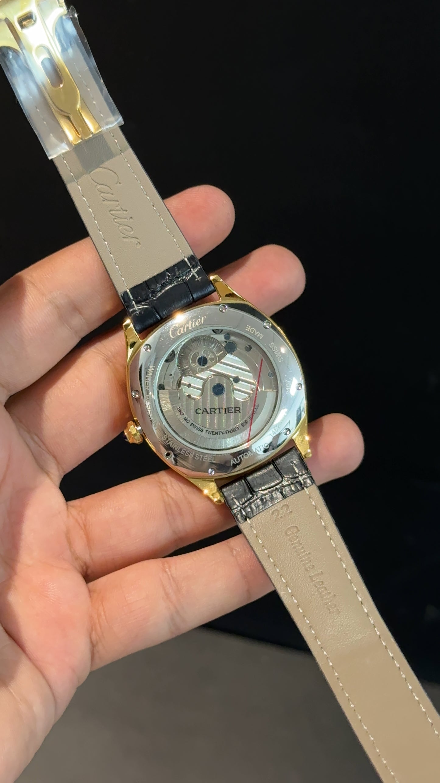 Cartier | Gold Square Bezel | Pendulum | Black Strap | Shady Green Blue Dial