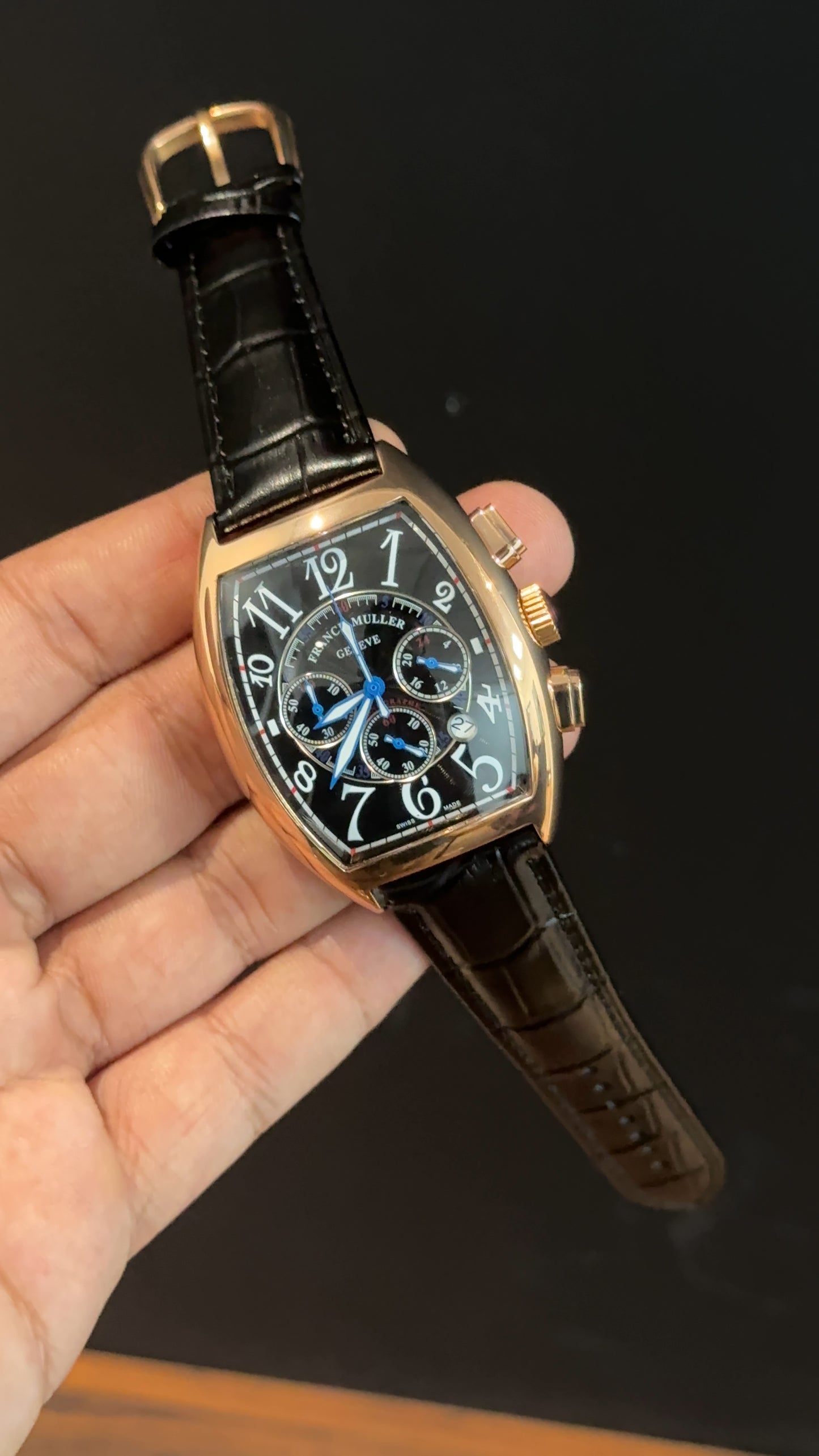 Franck muller Rose | Black Leather Strap | Blue Chrono | Black Dial