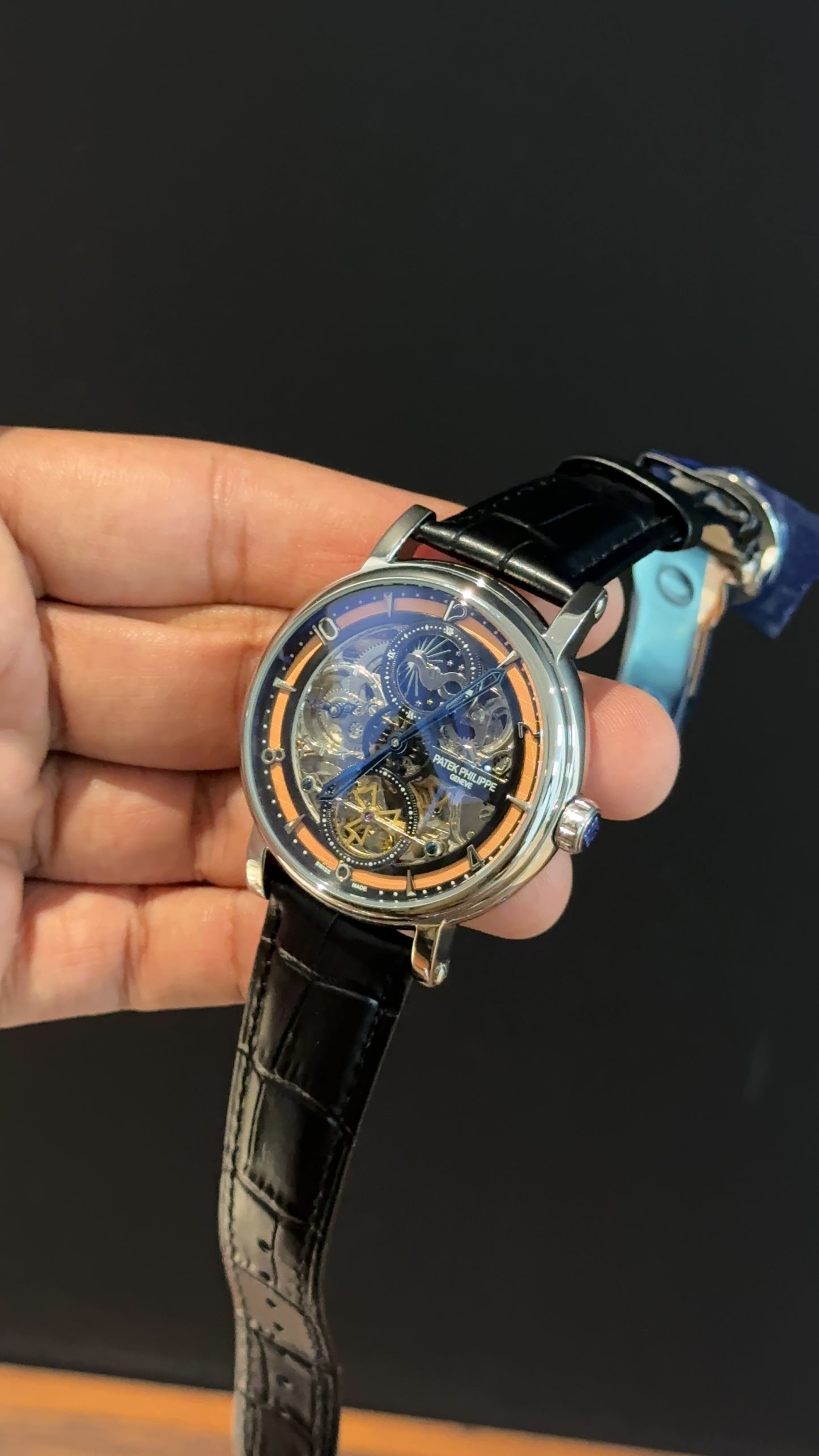 Pp Auto | Grey Skeleton | Black leather strap | Moonphase | Orange Line