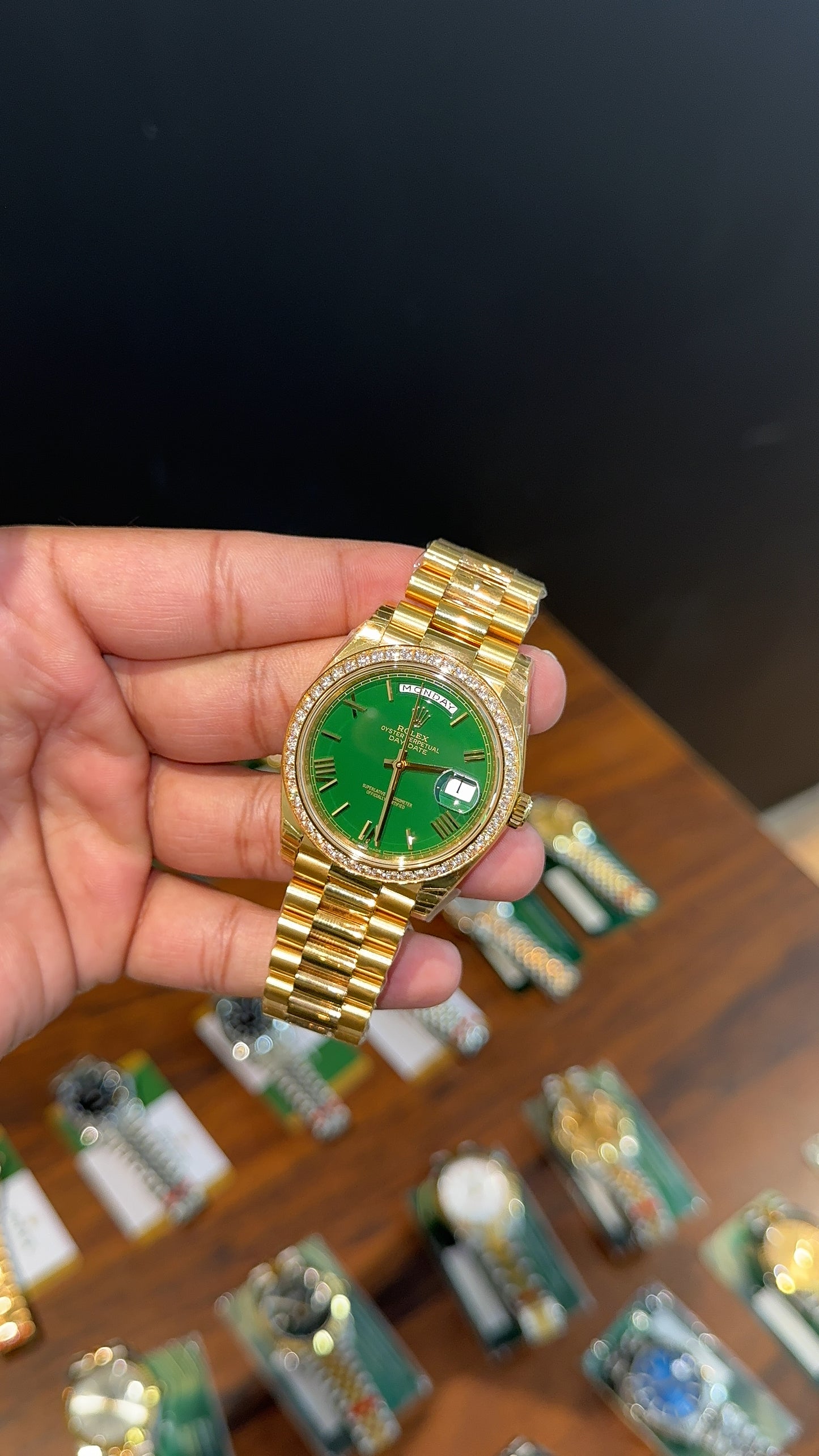 Premium Daydate | 40mm | Diamond Bezel | Gold Chain | Green Dial