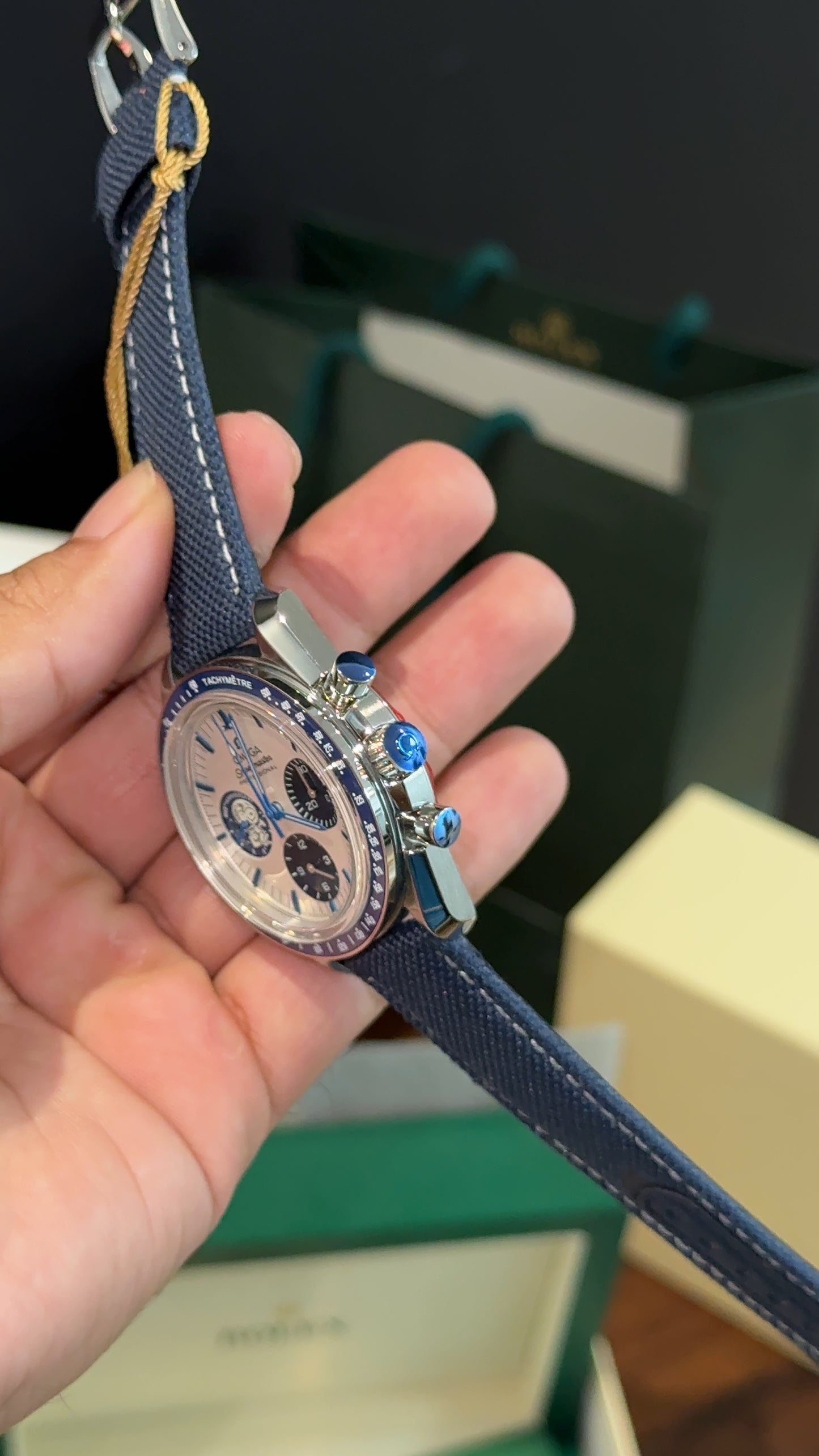 Premium Omega | Snoopy | Blue Fabric Strap | Chrono | White lDial