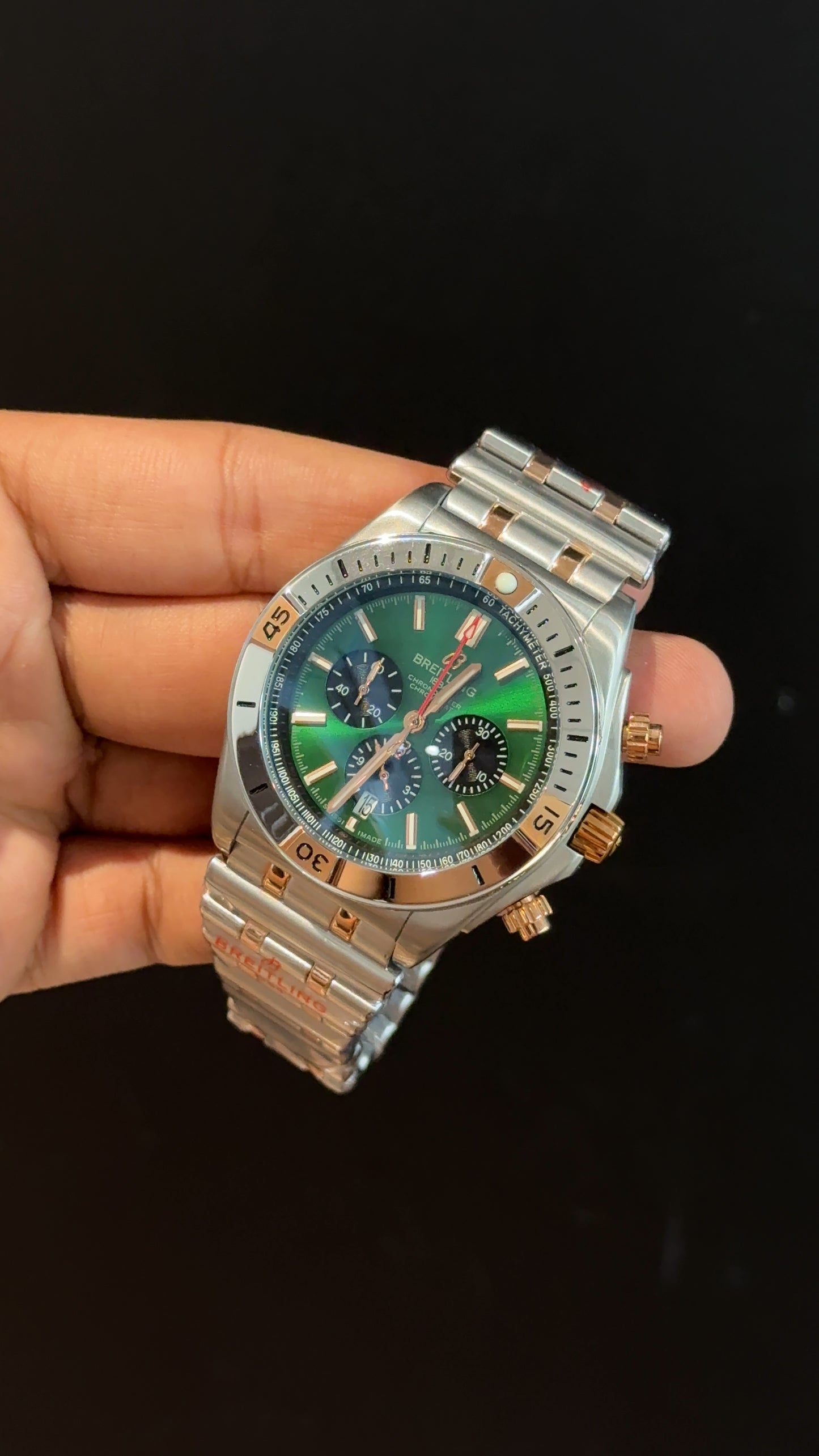 Brietling | Rose Two Tone Chronomat | Black Chrono | Green Dial