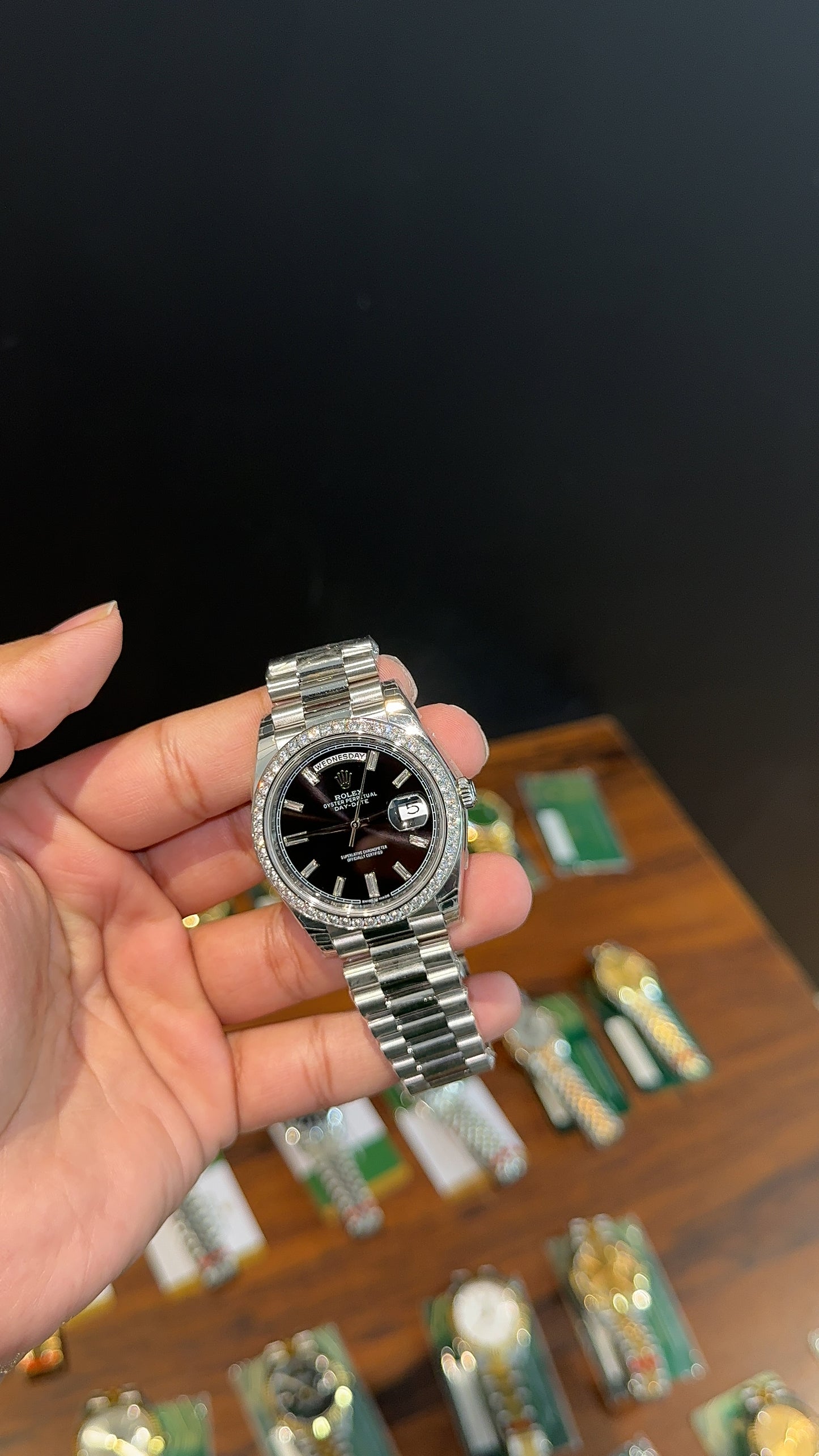 Premium Daydate | 40mm | Diamond Bezel | Silver Chain | Black Dial