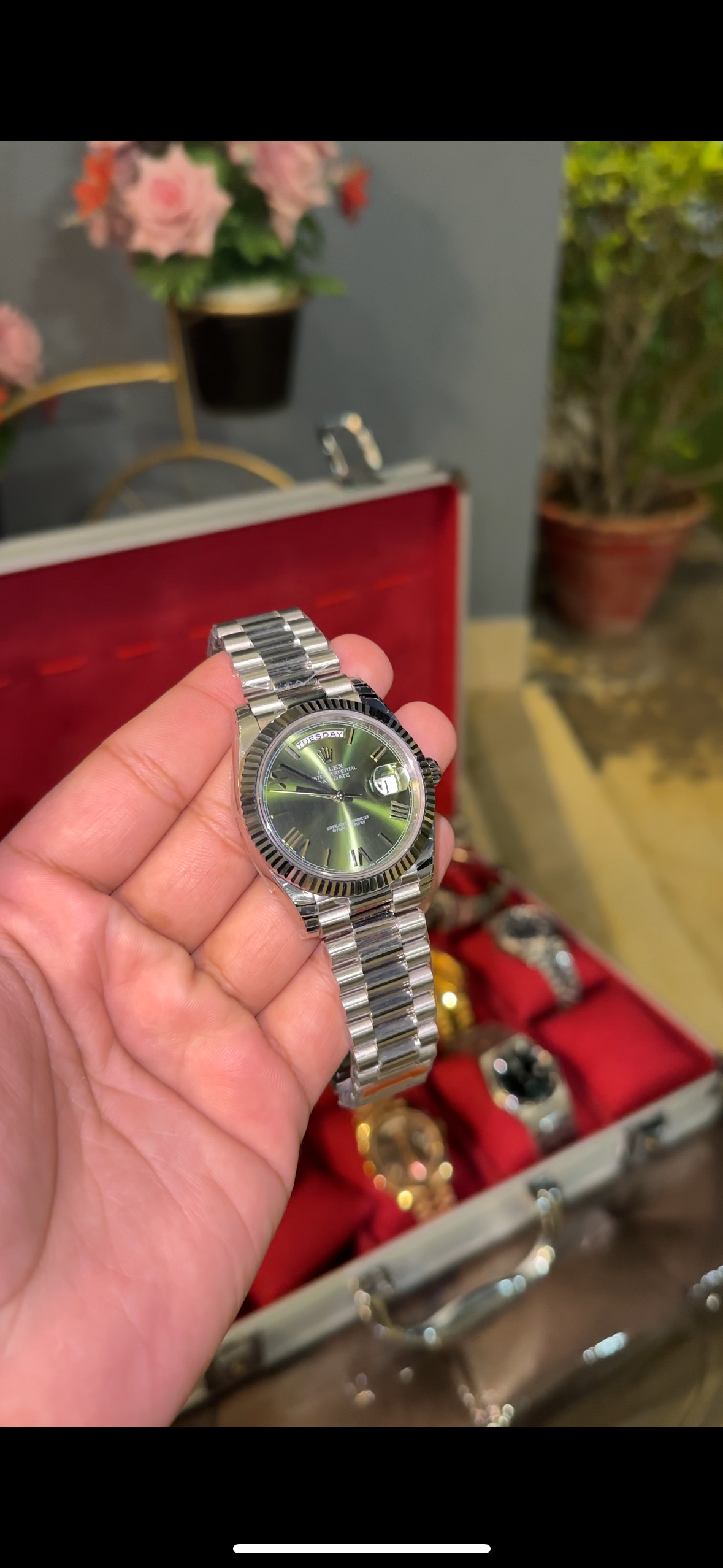 Premium Daydate | Silver Chain | Olive Green Dial