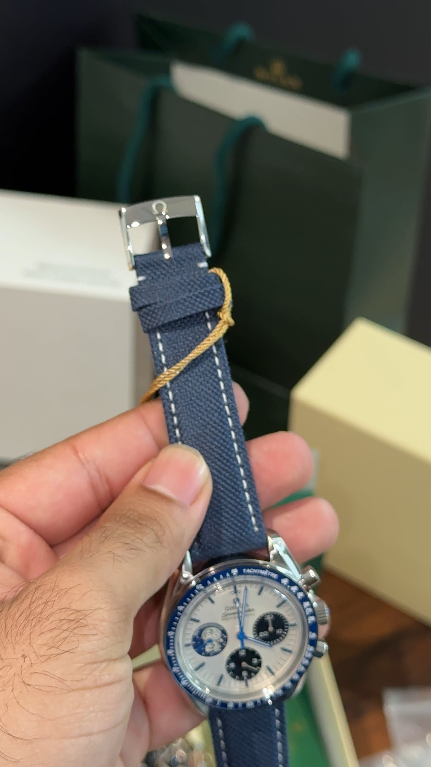 Premium Omega | Snoopy | Blue Fabric Strap | Chrono | White lDial