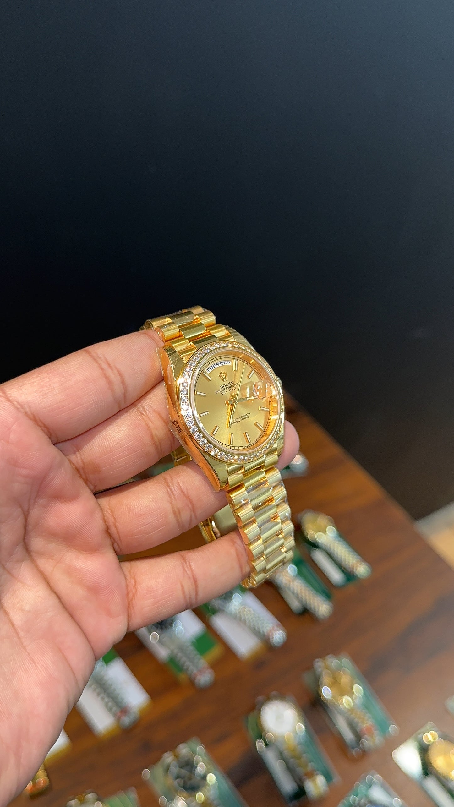 Premium Daydate | 40mm | Diamond Bezel | Gold Chain | Gold Dial