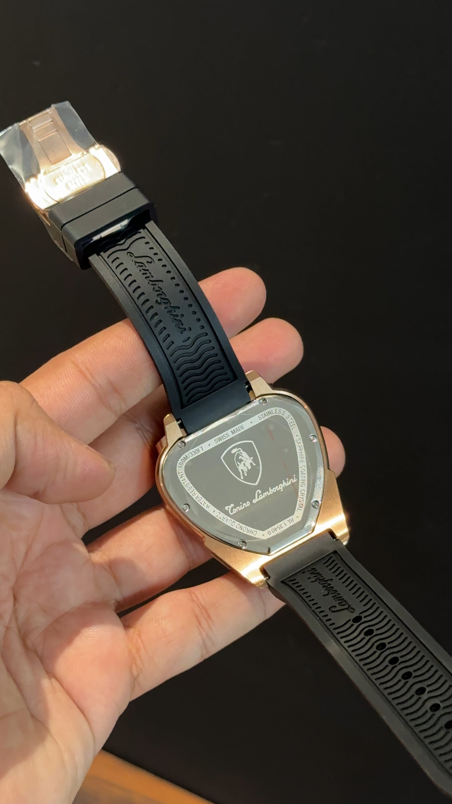 Lamborghini | Rose Bezel | Chrono | Black Strap | Black Triangle Shape Dial
