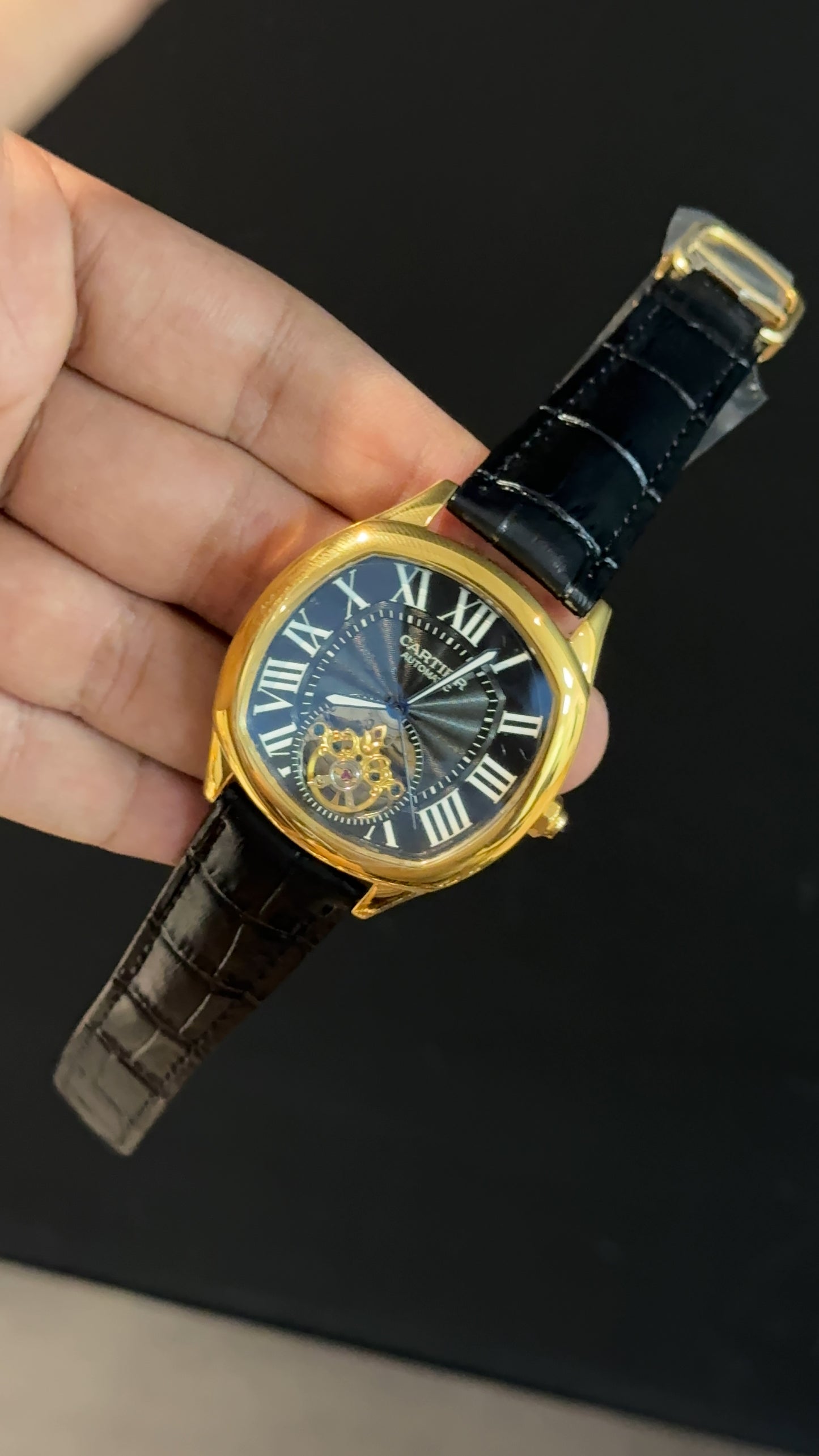 Cartier | Gold Square Bezel | Pendulum | Black Strap | Black Index Dial