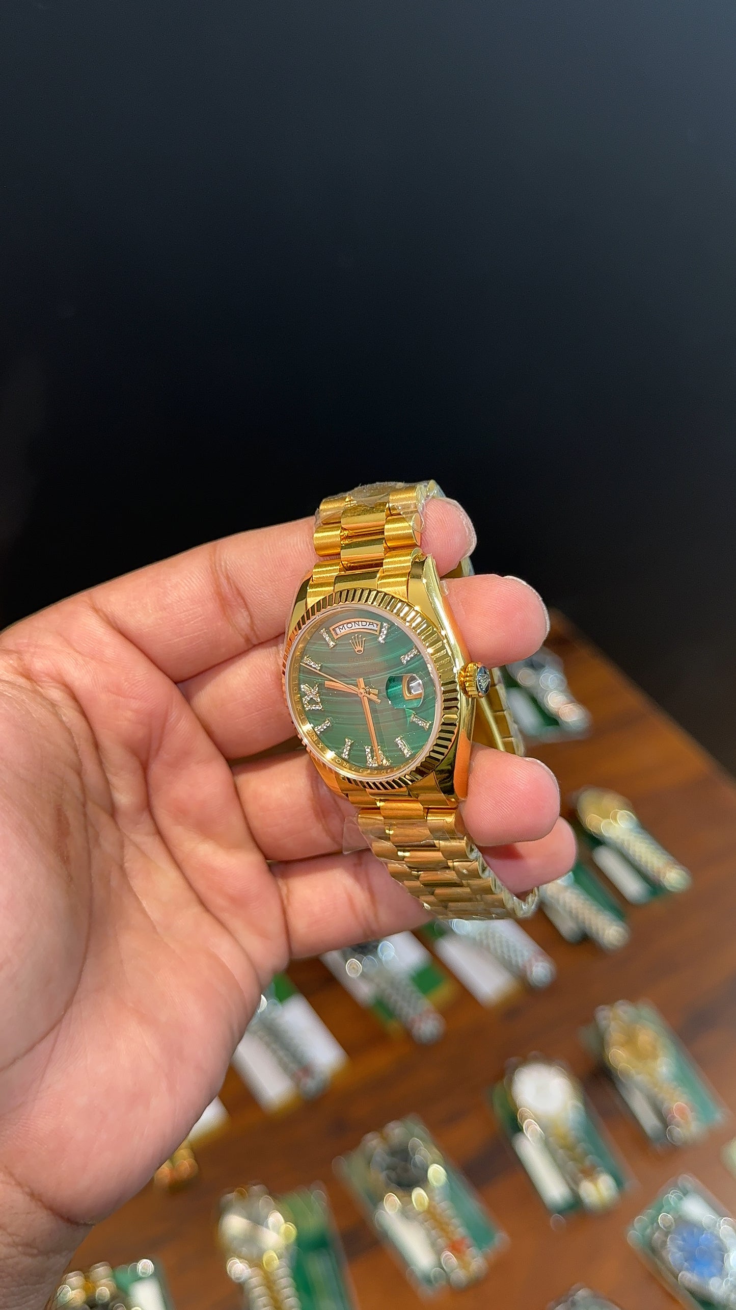 Premium Daydate | 36mm | Gold Chain | Platinum Green Diamond Roman Dial