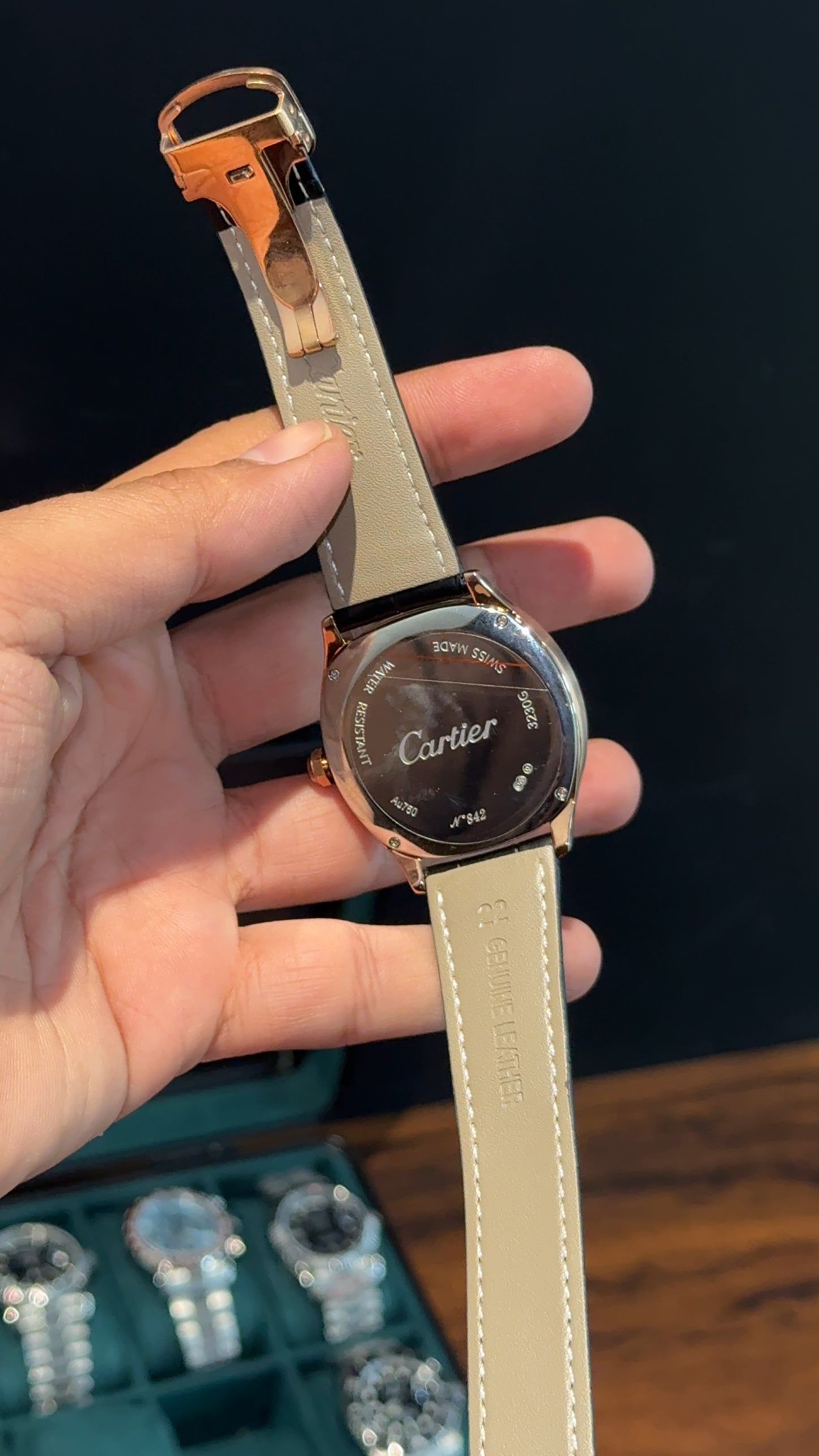 Cartier Rose | Black Leather Strap | FlyBack Second | Green Roman Dial